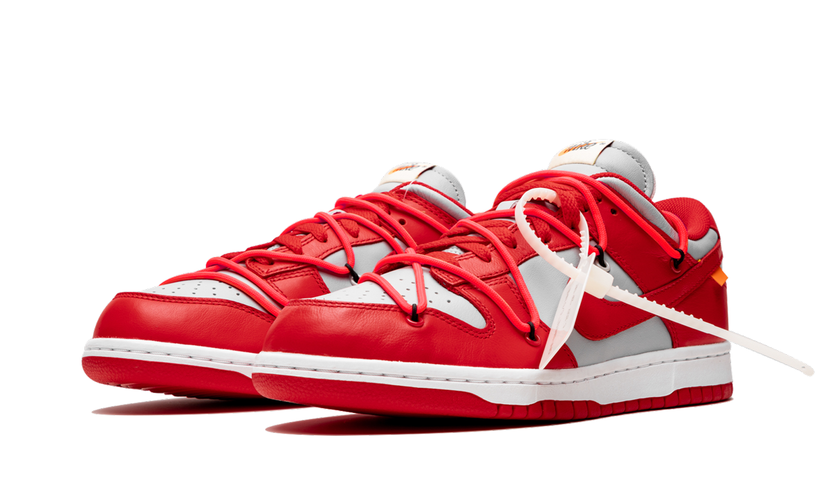 nike dunk low off white university red+CT0856-600+diagnol left view