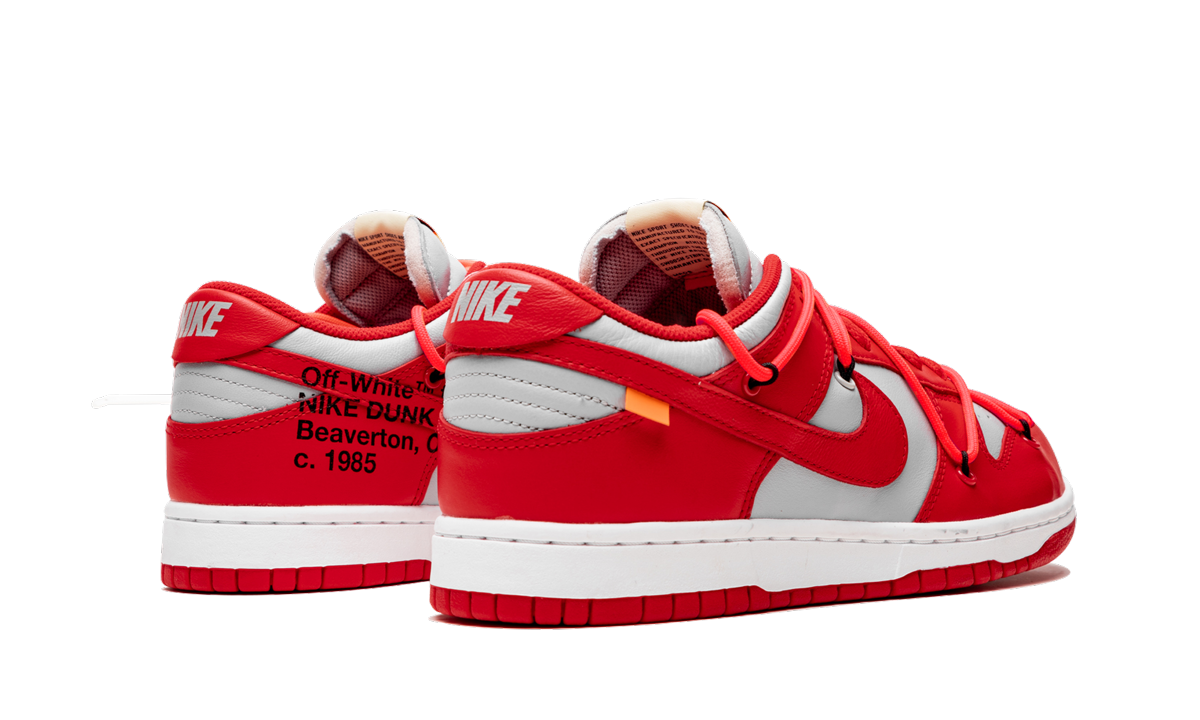 nike dunk low off white university red+CT0856-600+diagnol right behind view