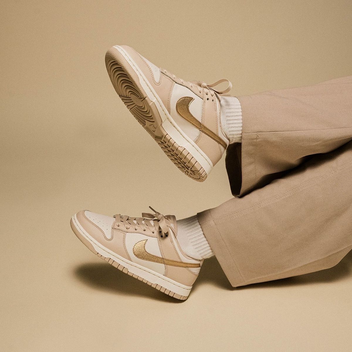 Nike Dunk Low Phantom Metallic Gold (Women's), Lifestyle View 2, SKU DX5930-001