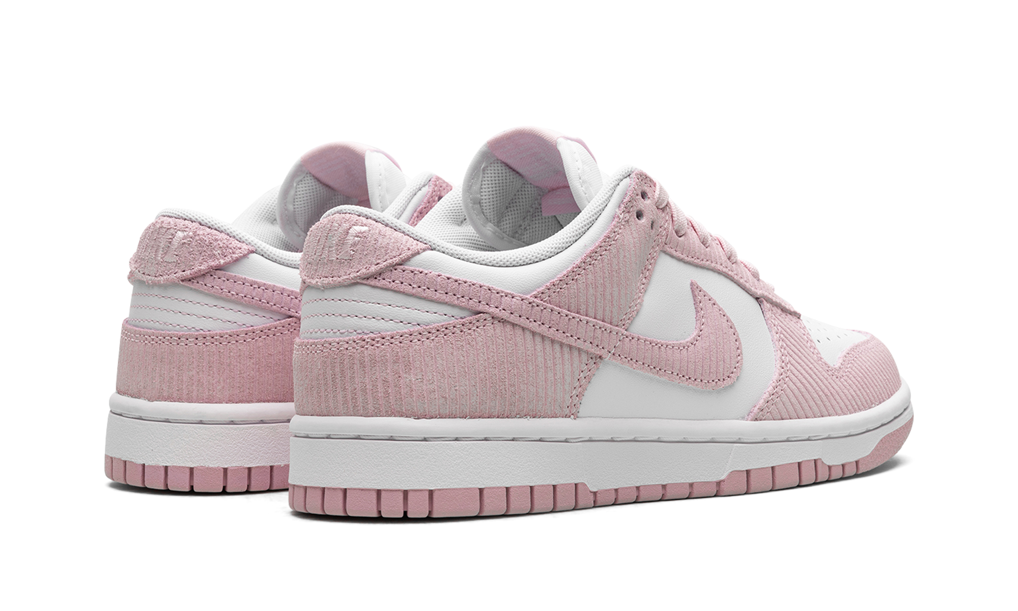 nike dunk low pink corduroy women s+FN7167-100+diagnol right behind view