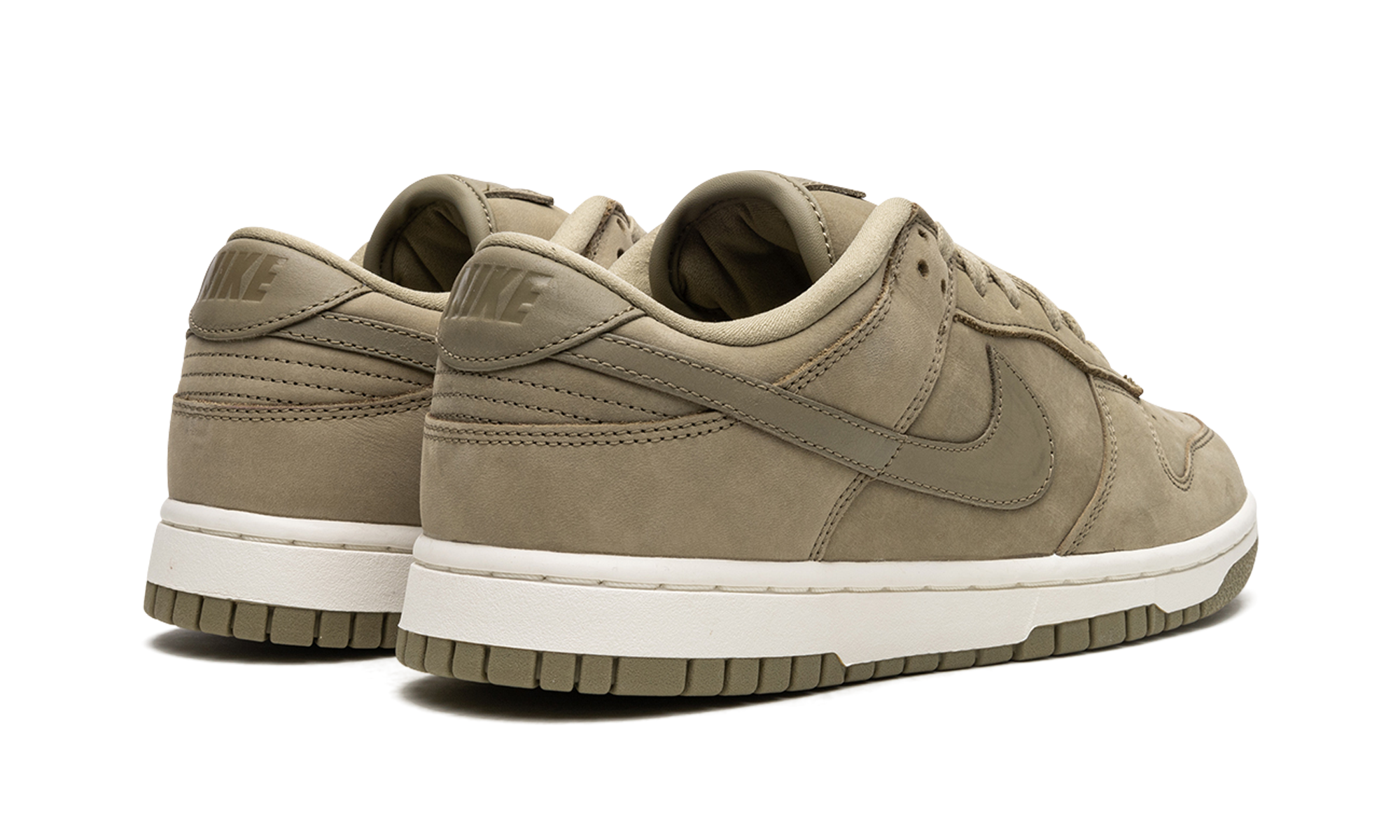 nike dunk low prm neutral olive women s+DV7415-200+diagnol right behind view