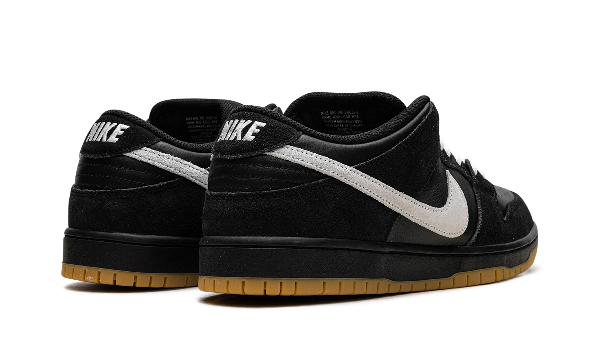 nike dunk low pro sb black white gum+HF3704-003+diagnol right behind view