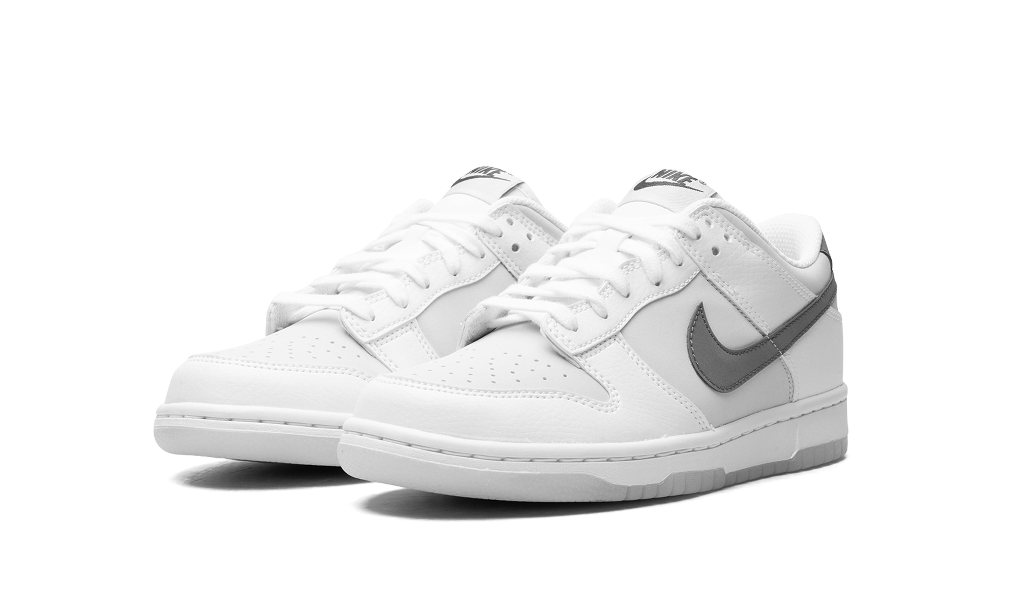 nike dunk low reflective swoosh white gs+FV0365-100+diagnol left view