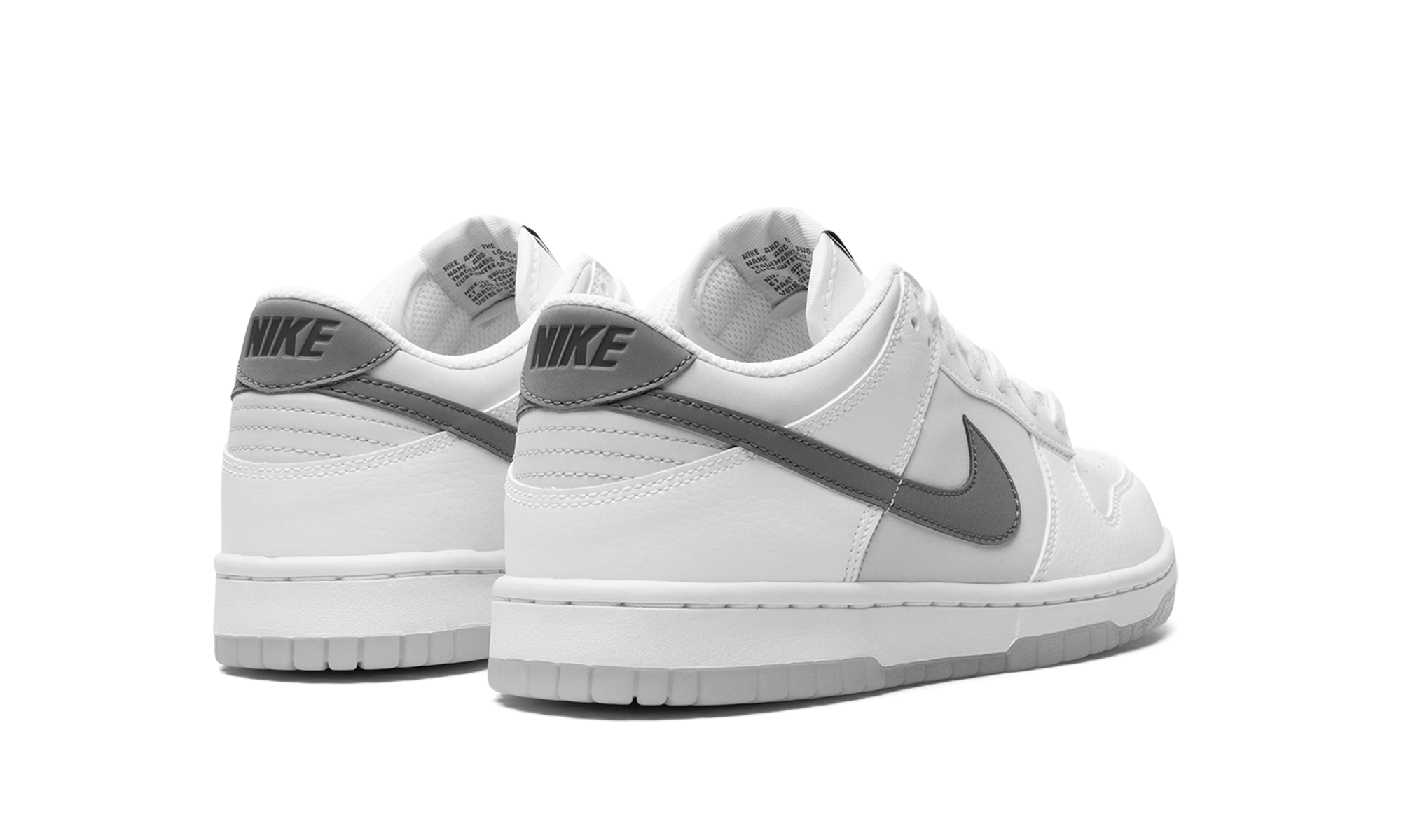 nike dunk low reflective swoosh white gs+FV0365-100+diagnol right behind view