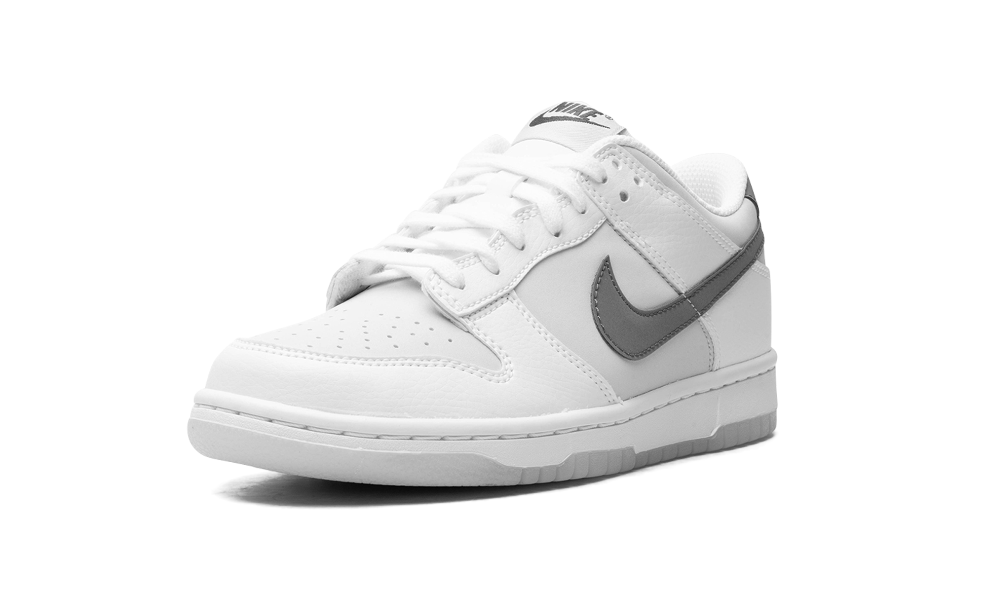 nike dunk low reflective swoosh white gs+FV0365-100+left diagnol single view