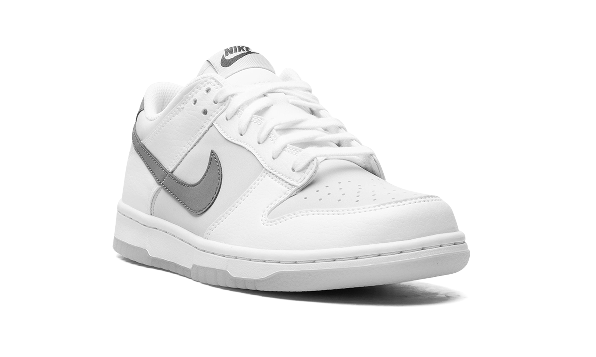 nike dunk low reflective swoosh white gs+FV0365-100+diagnol right view