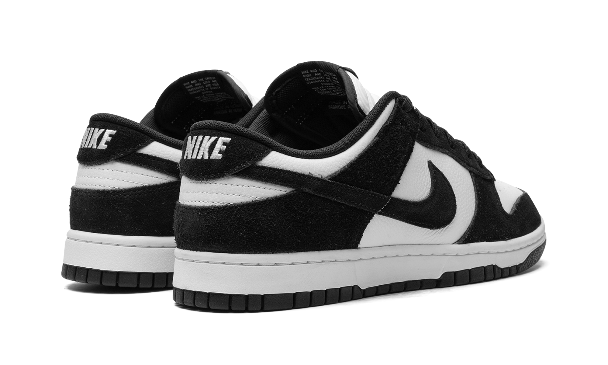 nike dunk low retro se suede panda+FQ8249-100+diagnol right behind view
