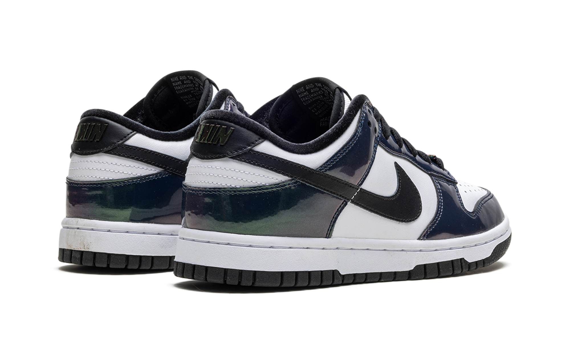 nike dunk low se just do it iridescent women s+FQ8143-001+diagnol right behind view
