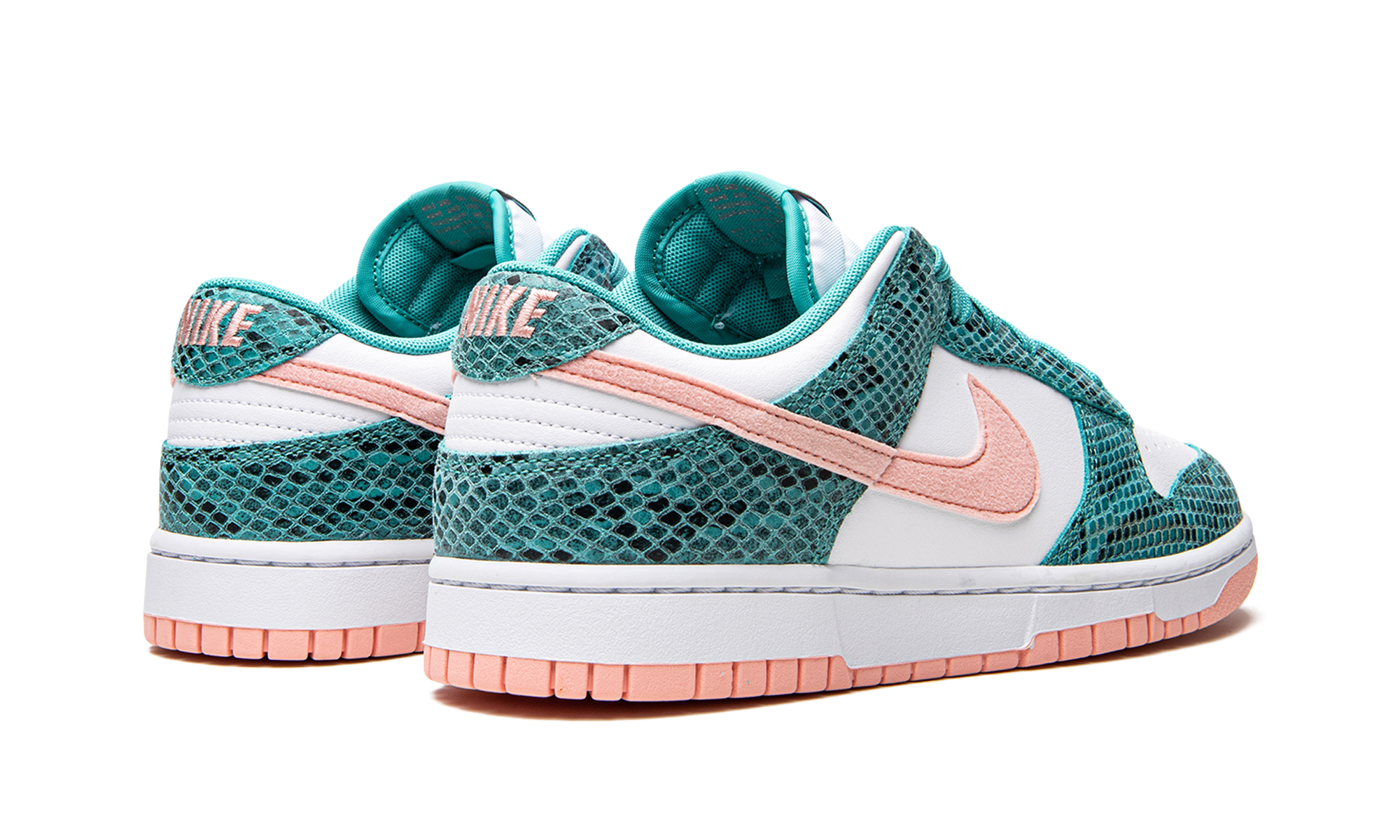 nike dunk low snakeskin washed teal bleached coral+DR8577-300+diagnol right behind view