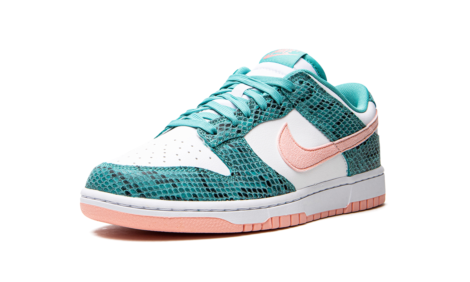 nike dunk low snakeskin washed teal bleached coral+DR8577-300+left diagnol single view