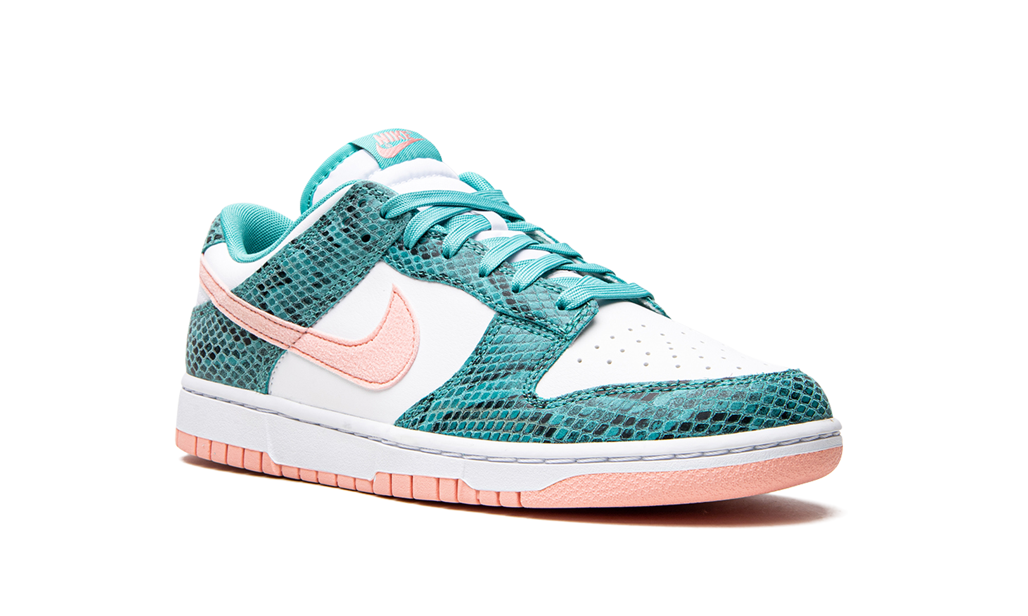 nike dunk low snakeskin washed teal bleached coral+DR8577-300+diagnol right view