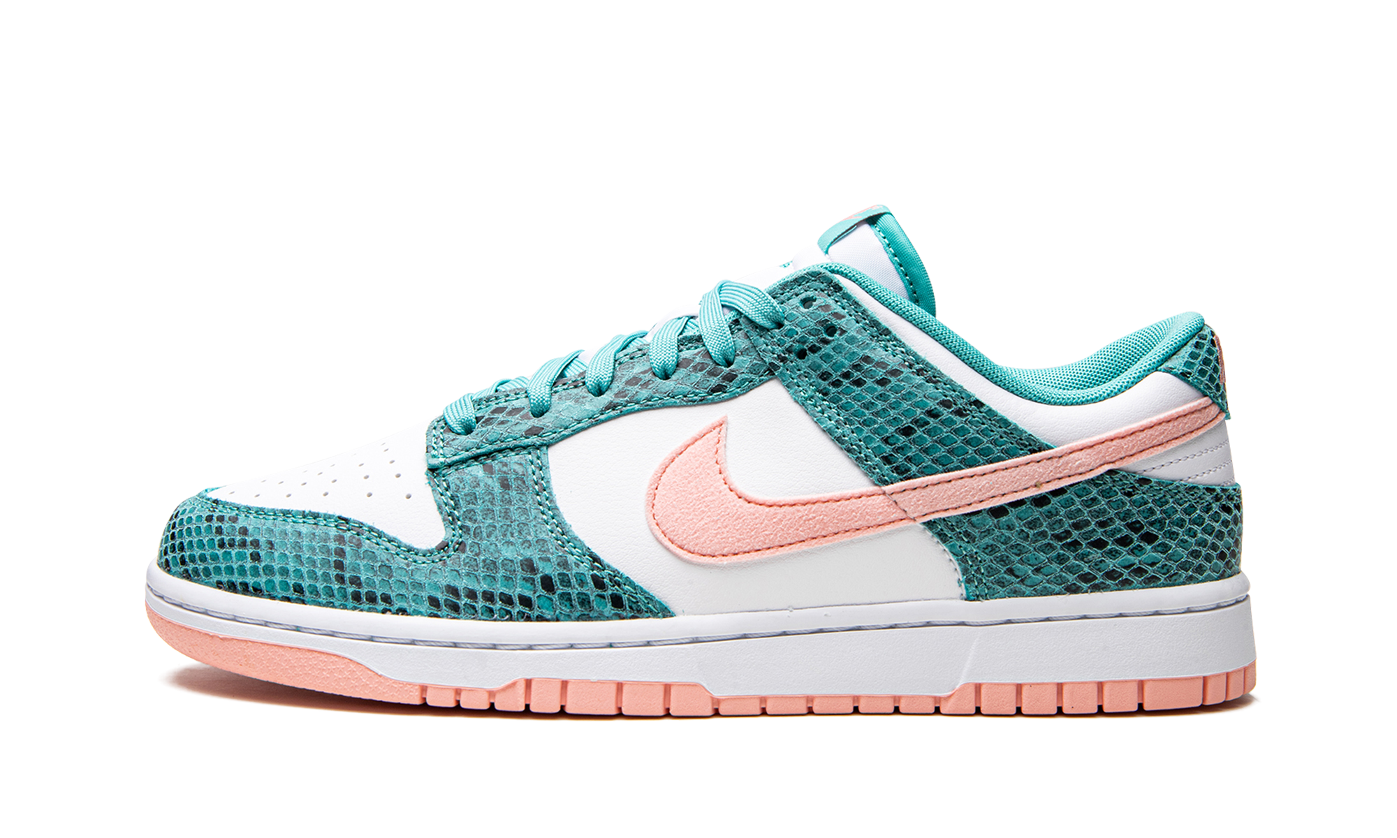nike dunk low snakeskin washed teal bleached coral+DR8577-300+diagnol right view 1