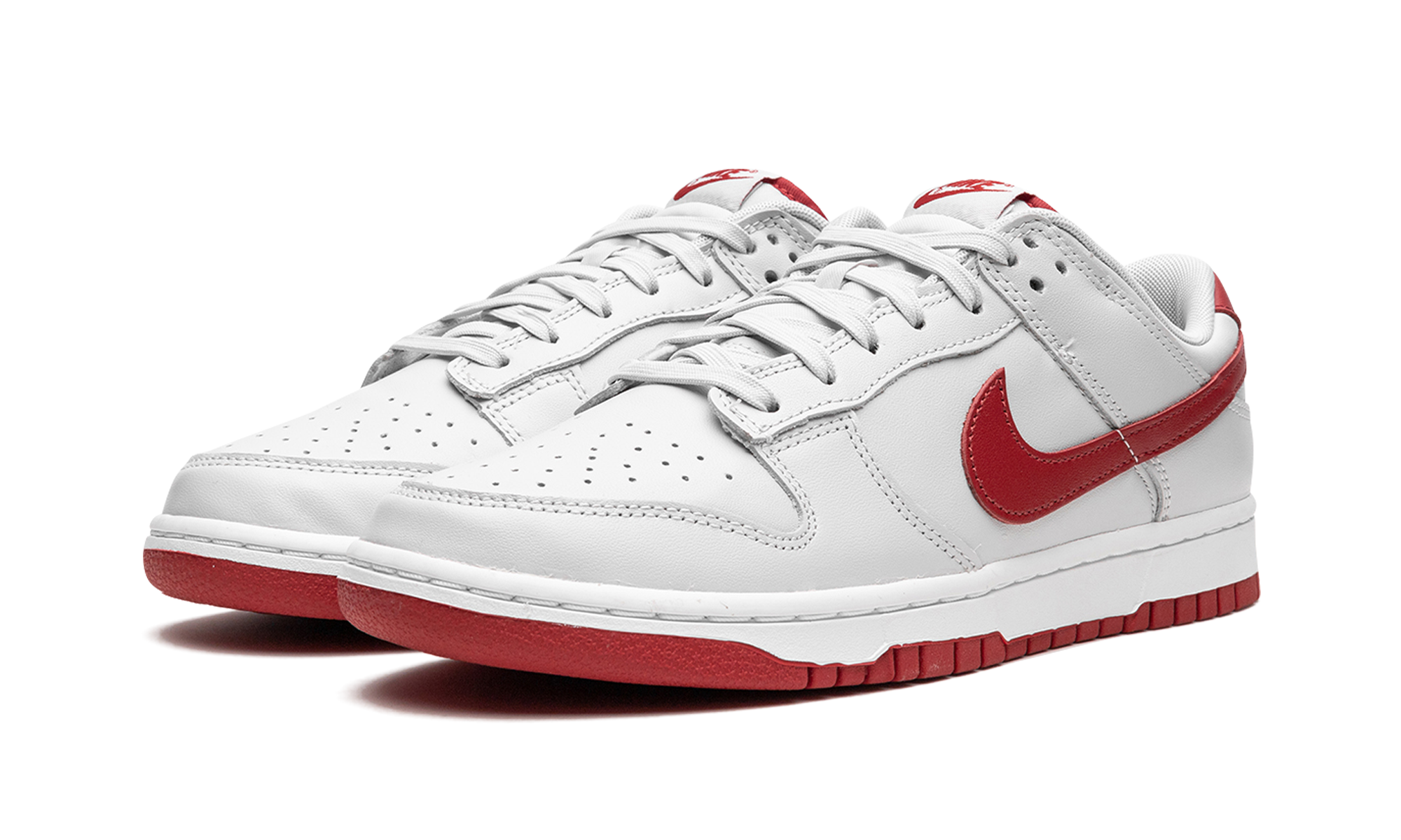 nike dunk low vast grey varsity red+FJ0832-011+diagnol left view