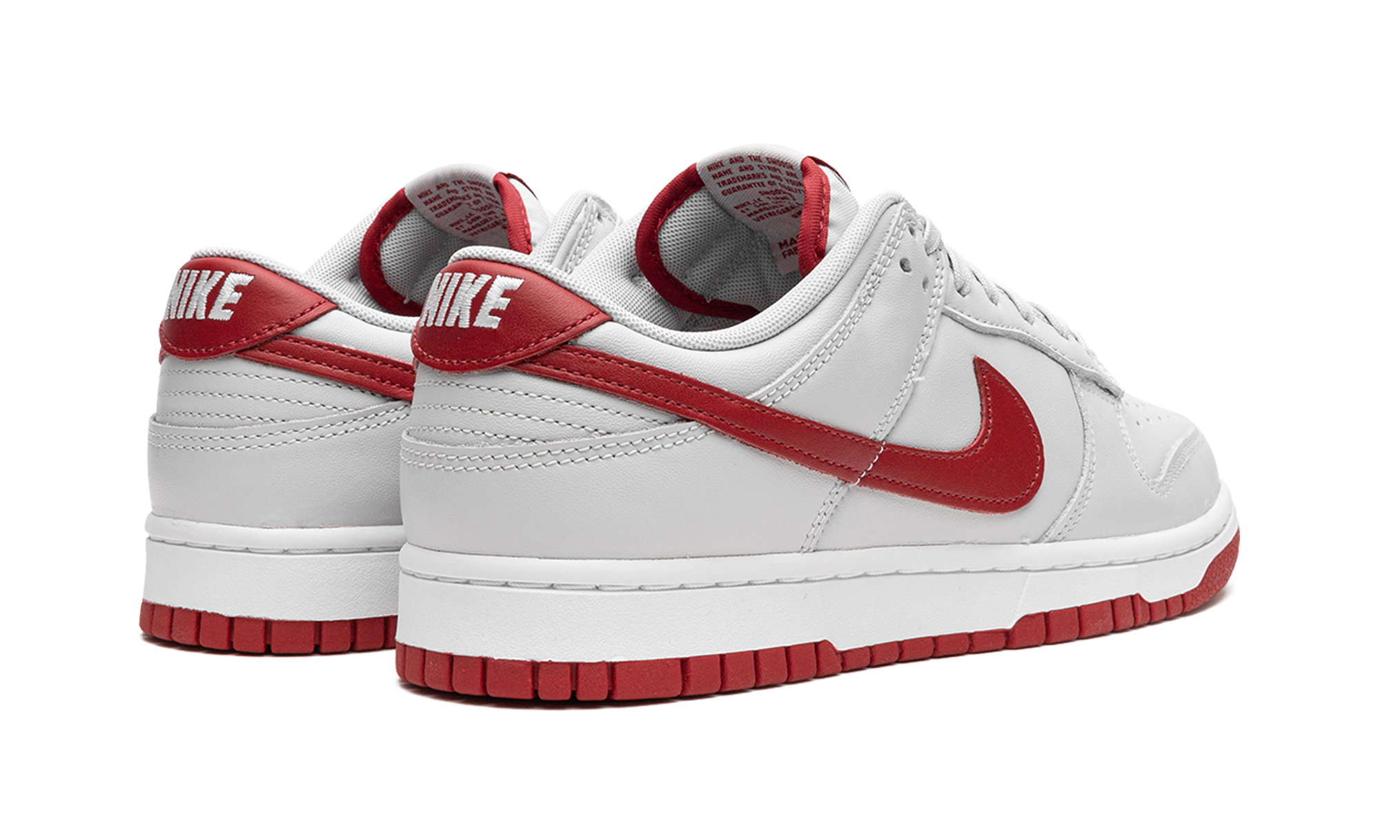nike dunk low vast grey varsity red+FJ0832-011+diagnol right behind view