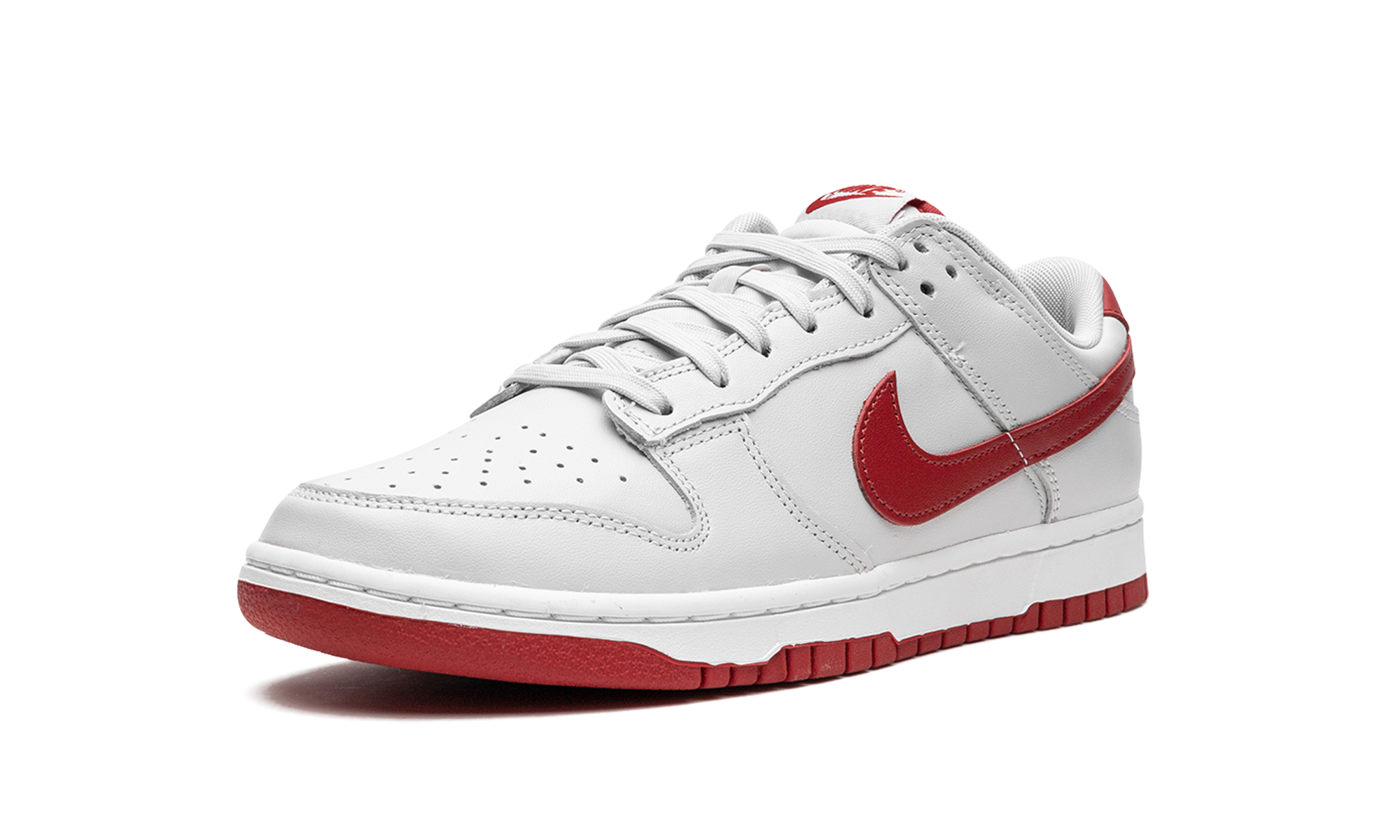 nike dunk low vast grey varsity red+FJ0832-011+left diagnol single view