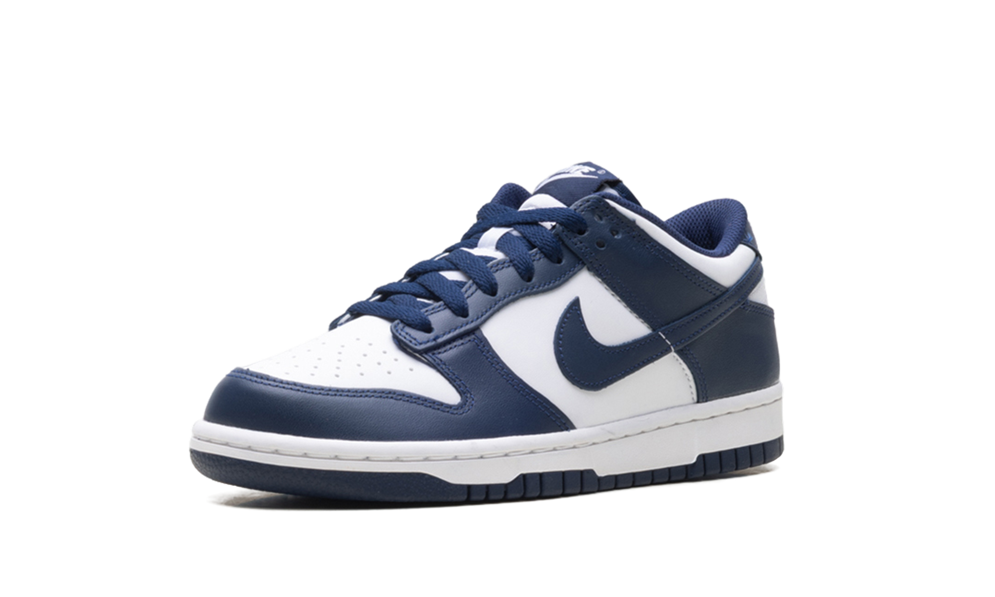 nike dunk low white midnight navy gs+FB9109-116+left diagnol single view
