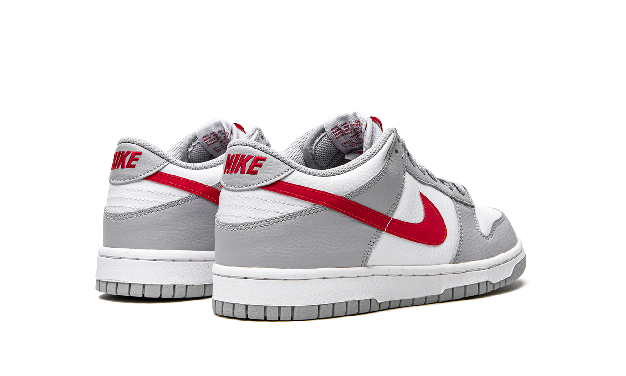 nike dunk low white wolf grey university red gs+DV7149-001+diagnol right behind view
