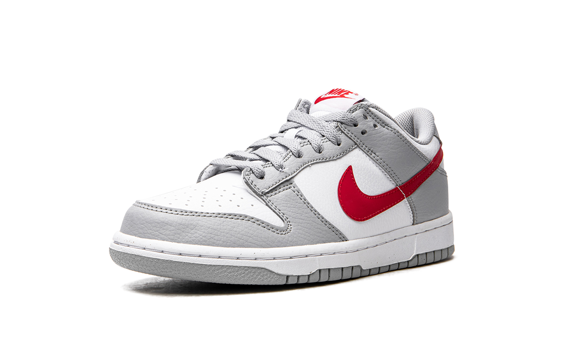 nike dunk low white wolf grey university red gs+DV7149-001+left diagnol single view