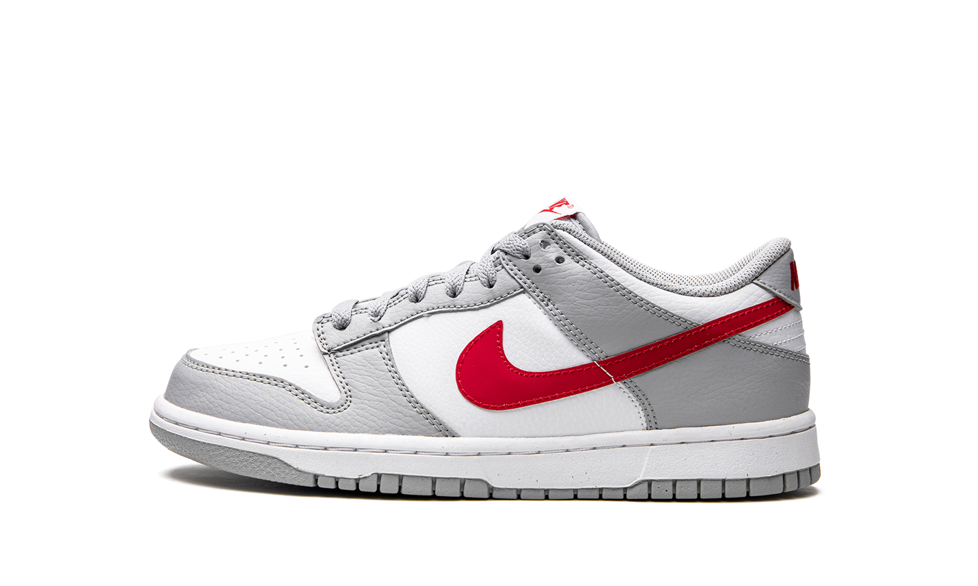 nike dunk low white wolf grey university red gs+DV7149-001+diagnol right view 1