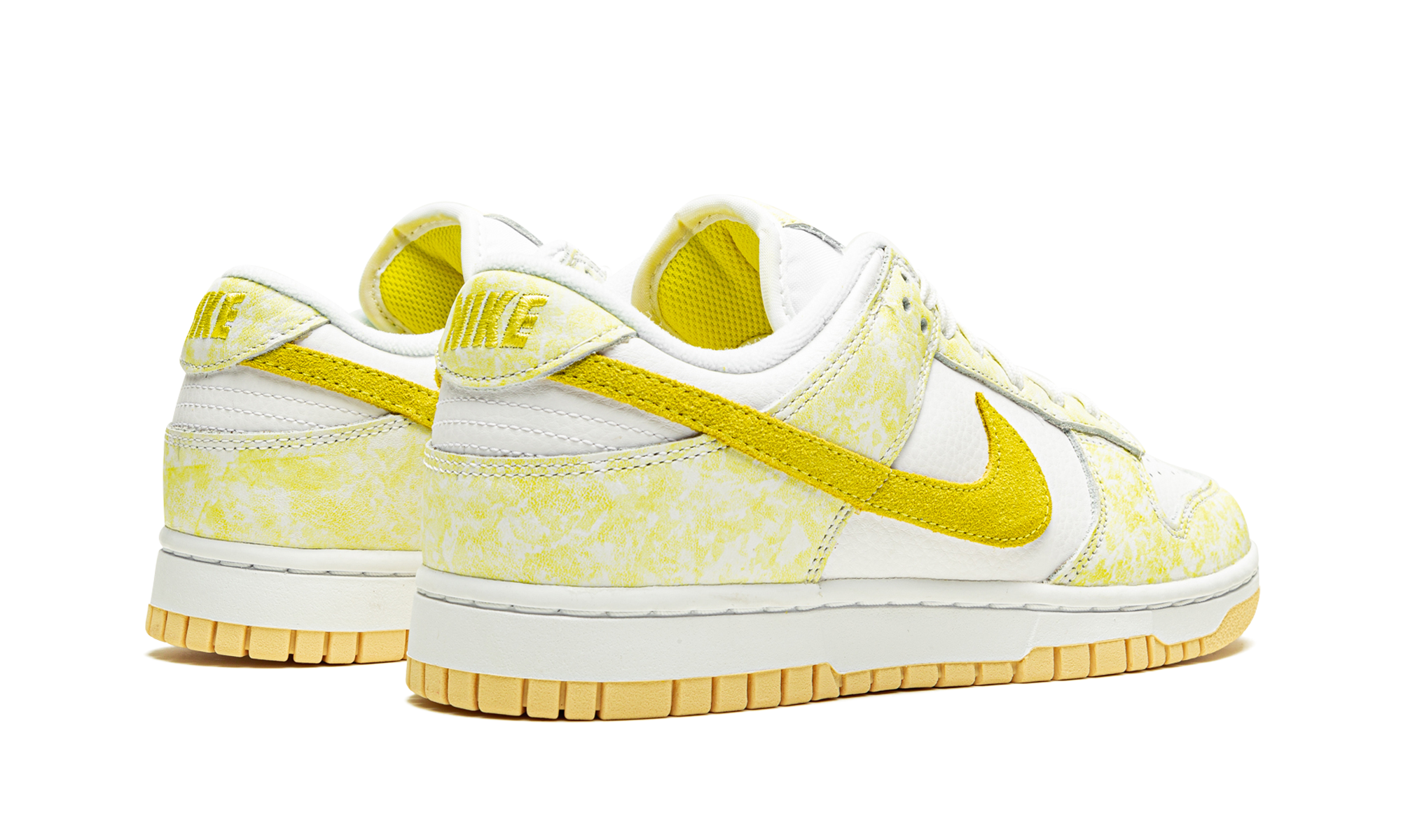 nike dunk low yellow strike women s+DM9467-700+diagnol right behind view