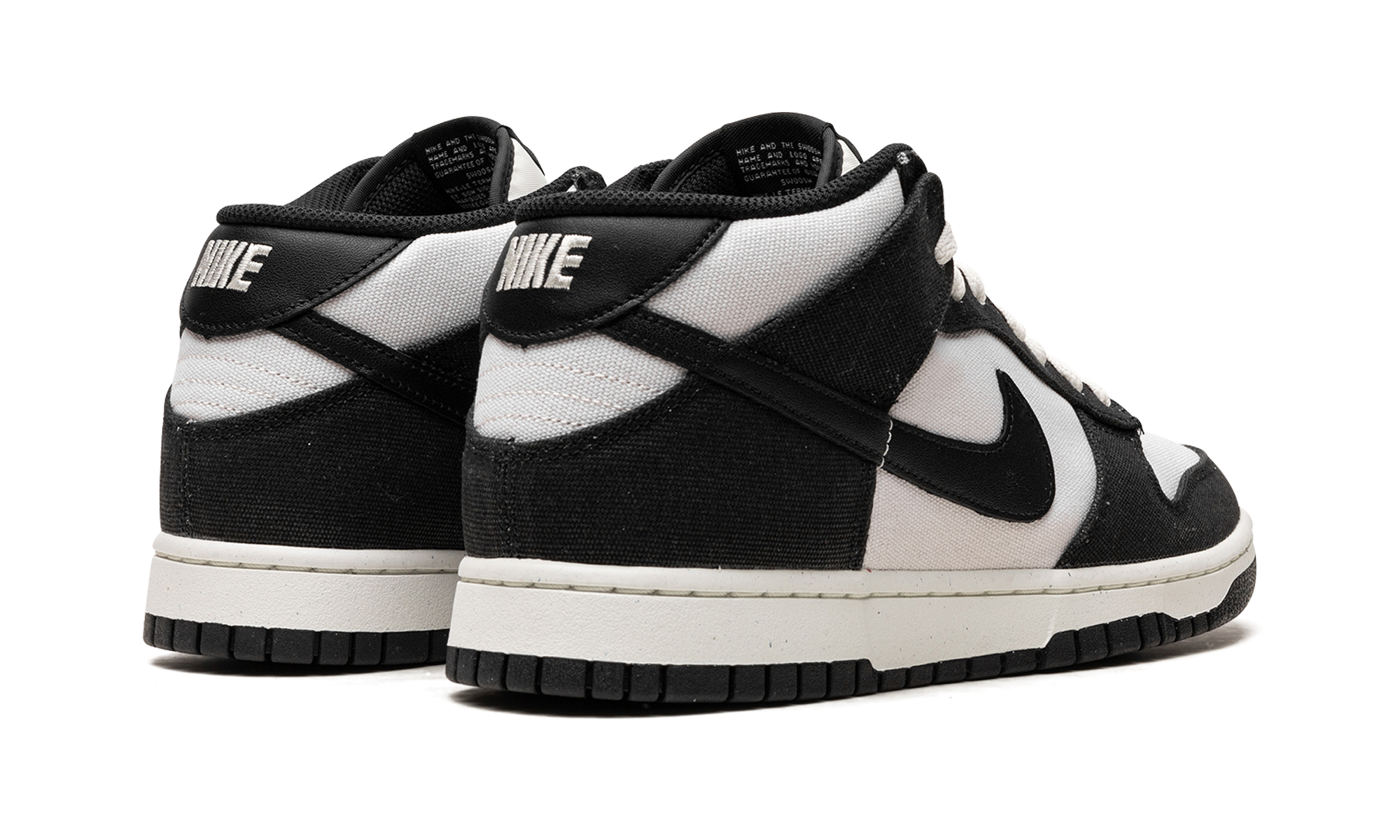 nike dunk mid canvas panda+DV0830-102+diagnol right behind view