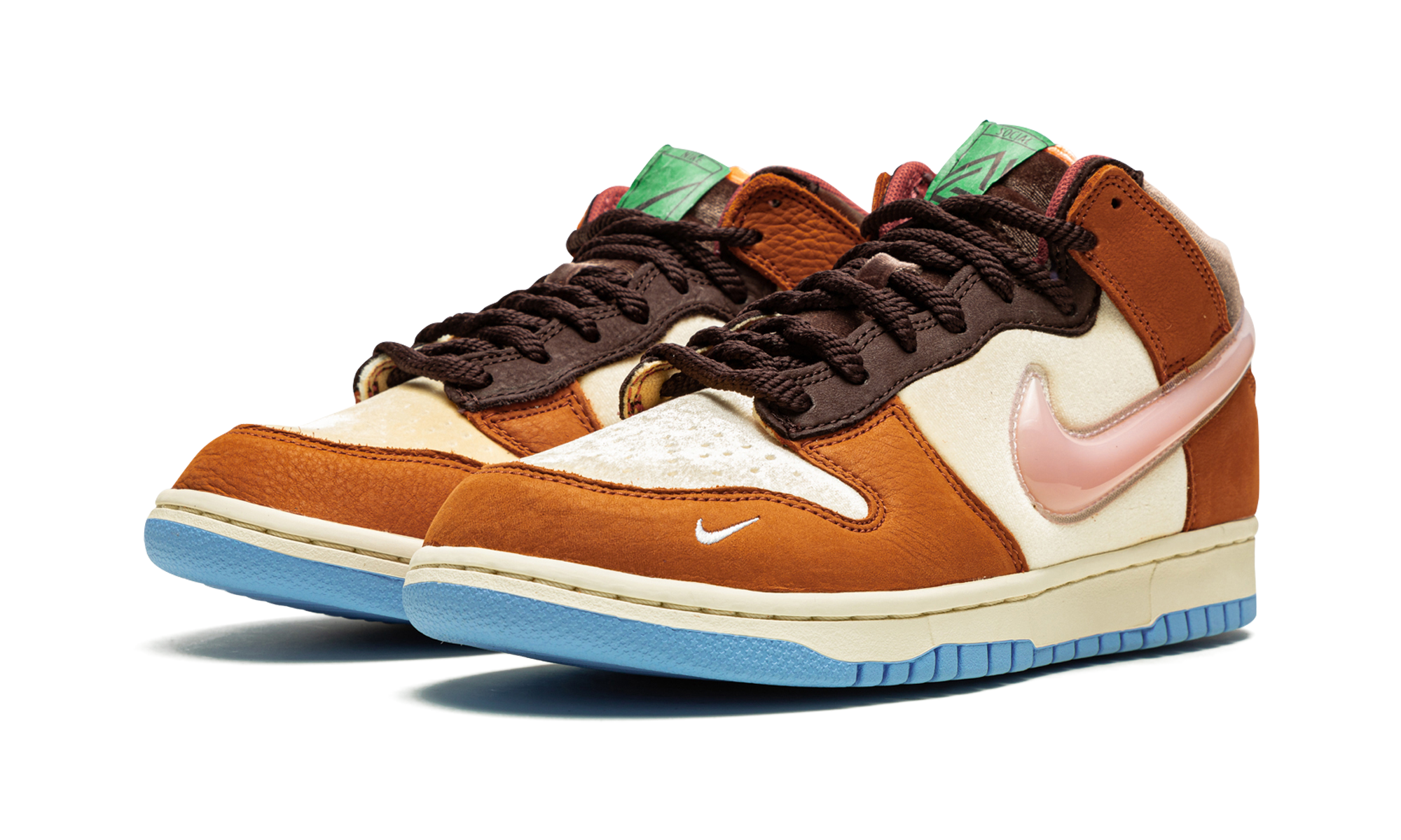 nike dunk mid social status free lunch chocolate milk+DJ1173-700+diagnol left view