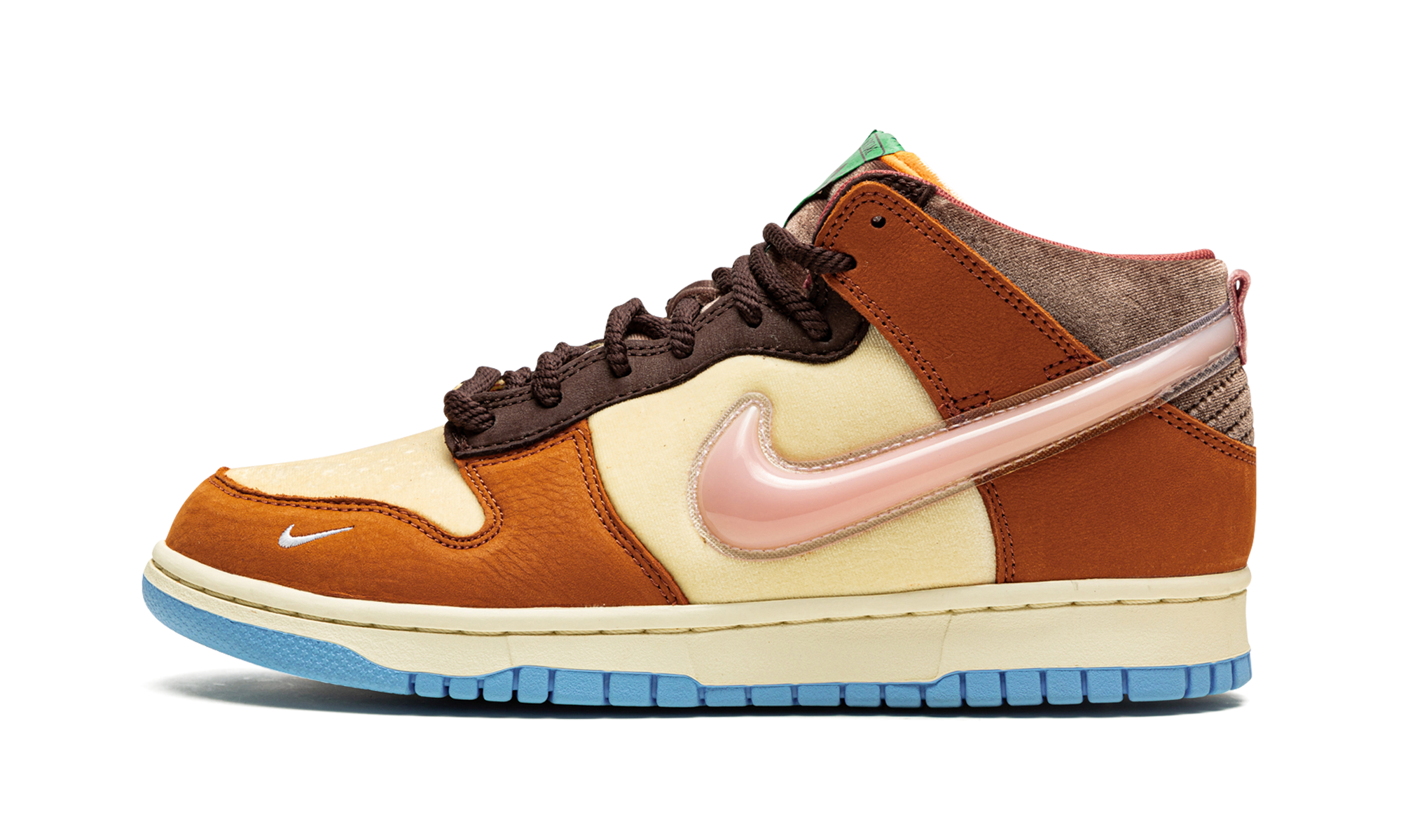nike dunk mid social status free lunch chocolate milk+DJ1173-700+diagnol right view 1