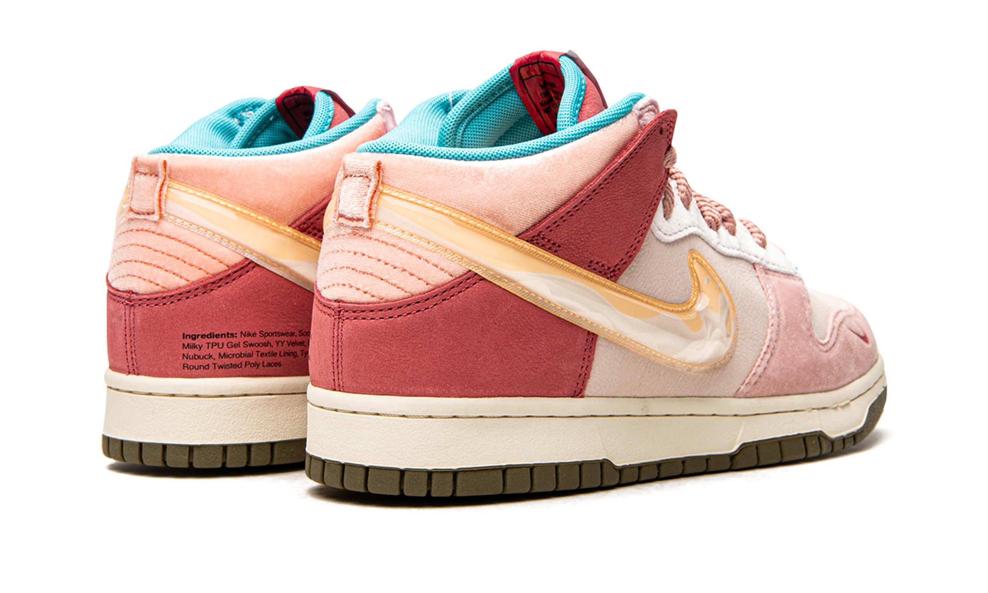nike dunk mid social status free lunch strawberry milk+DJ1173-600+diagnol right behind view