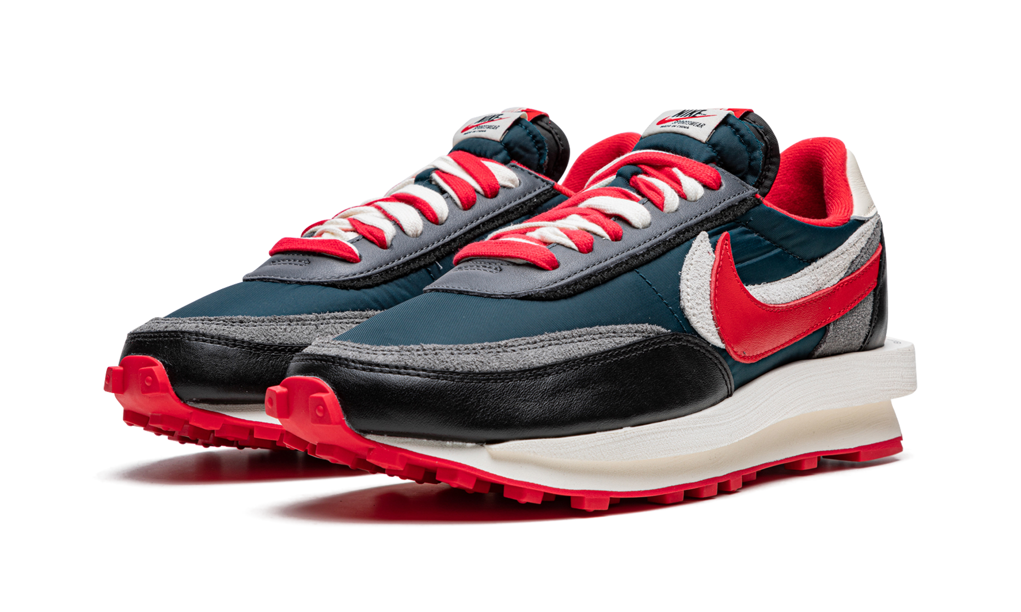 nike ld waffle sacai undercover midnight spruce university red+DJ4877-300+diagnol left view