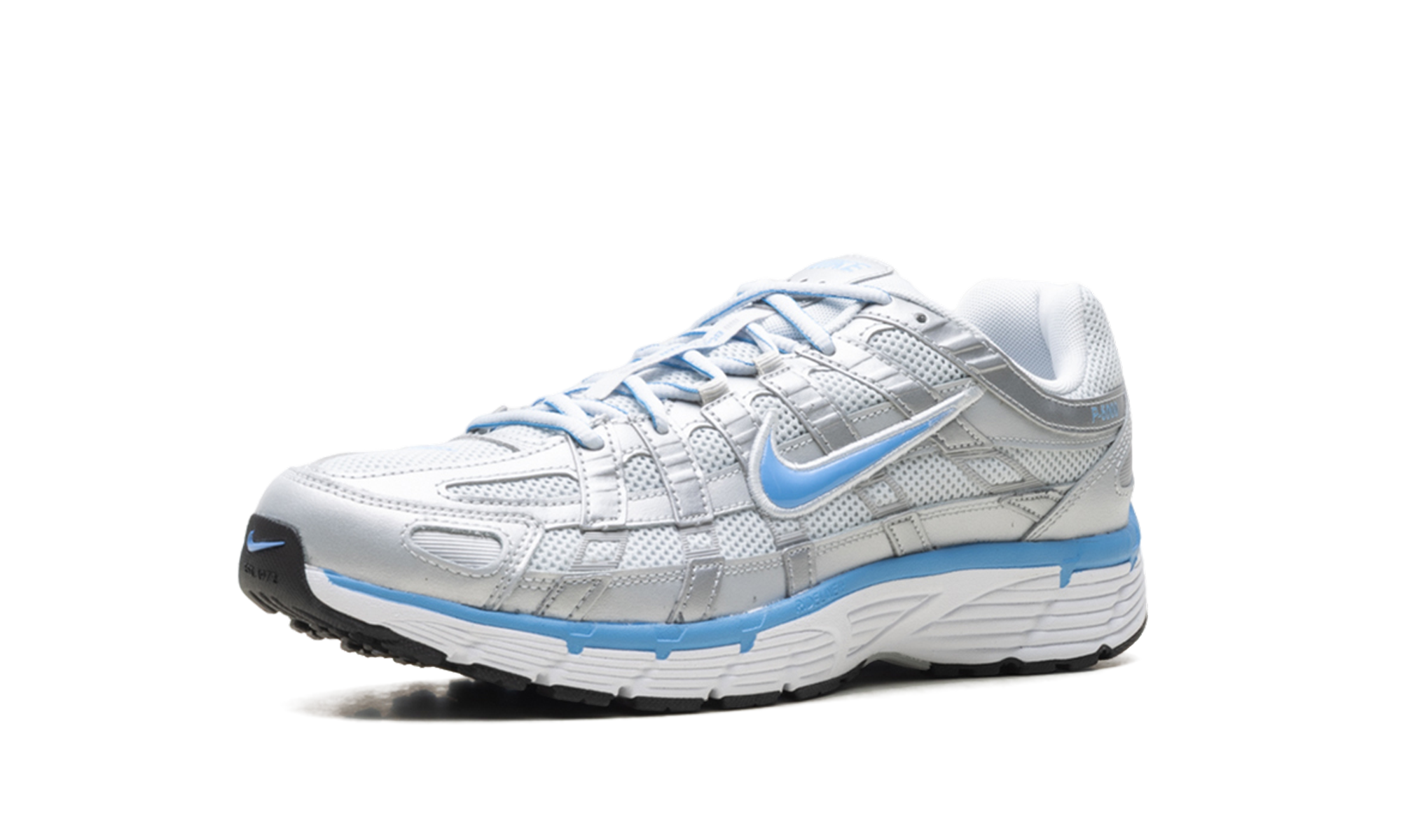 nike p 6000 metallic platinum pure platinum metallic silver university blue+CD6404-025+left diagnol single view