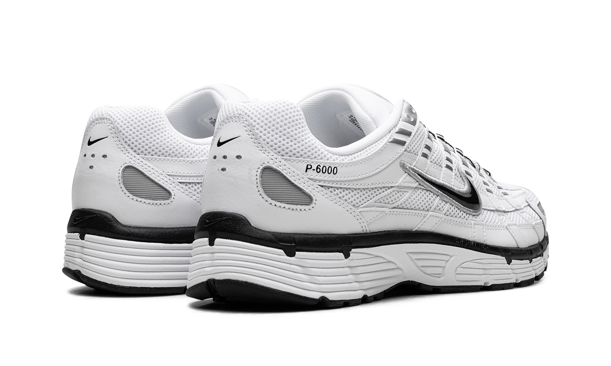 nike p 6000 white metallic silver black+CD6404-107+diagnol right behind view