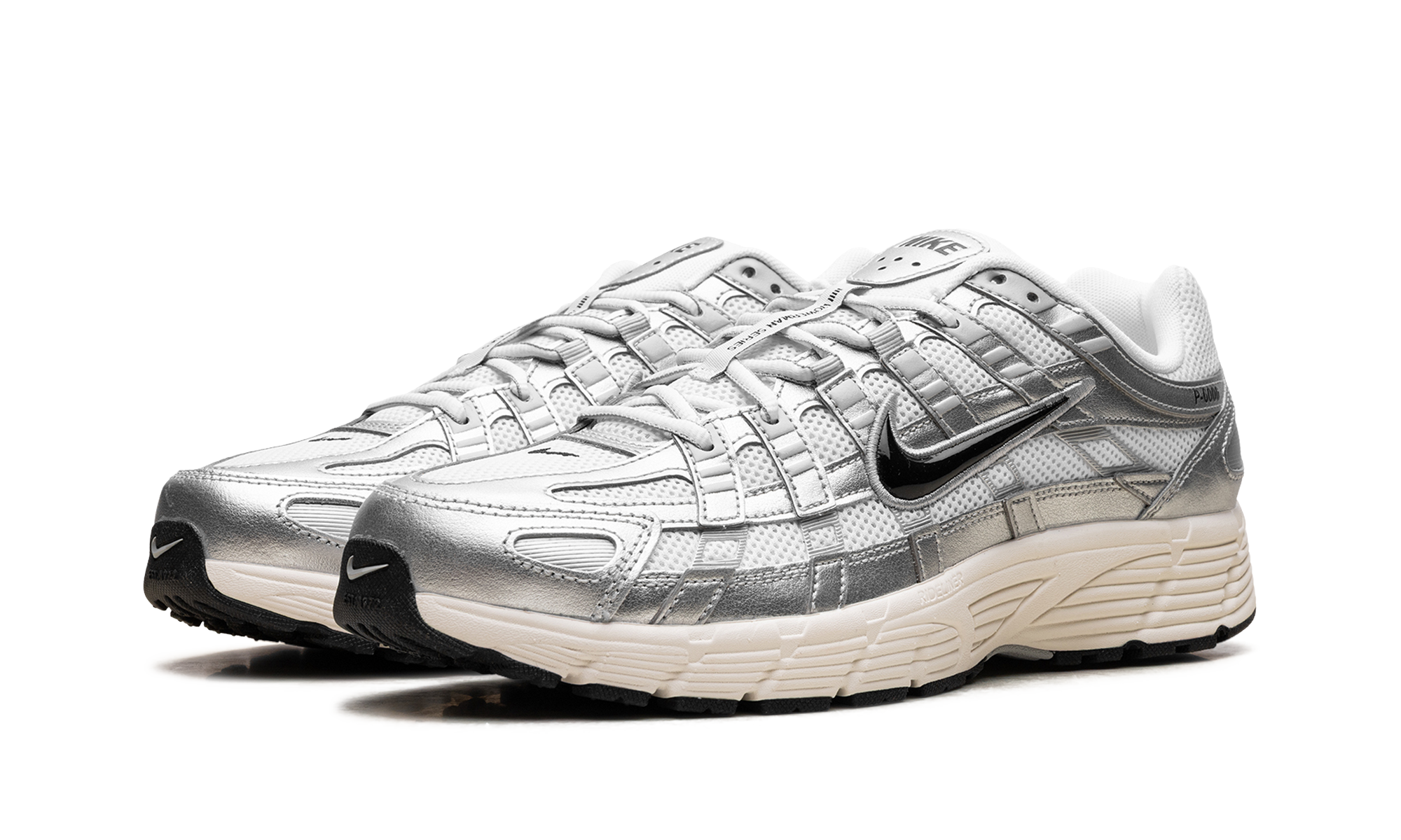 nike p 6000 white metallic silver flat silver black+CD6404-105+diagnol left view