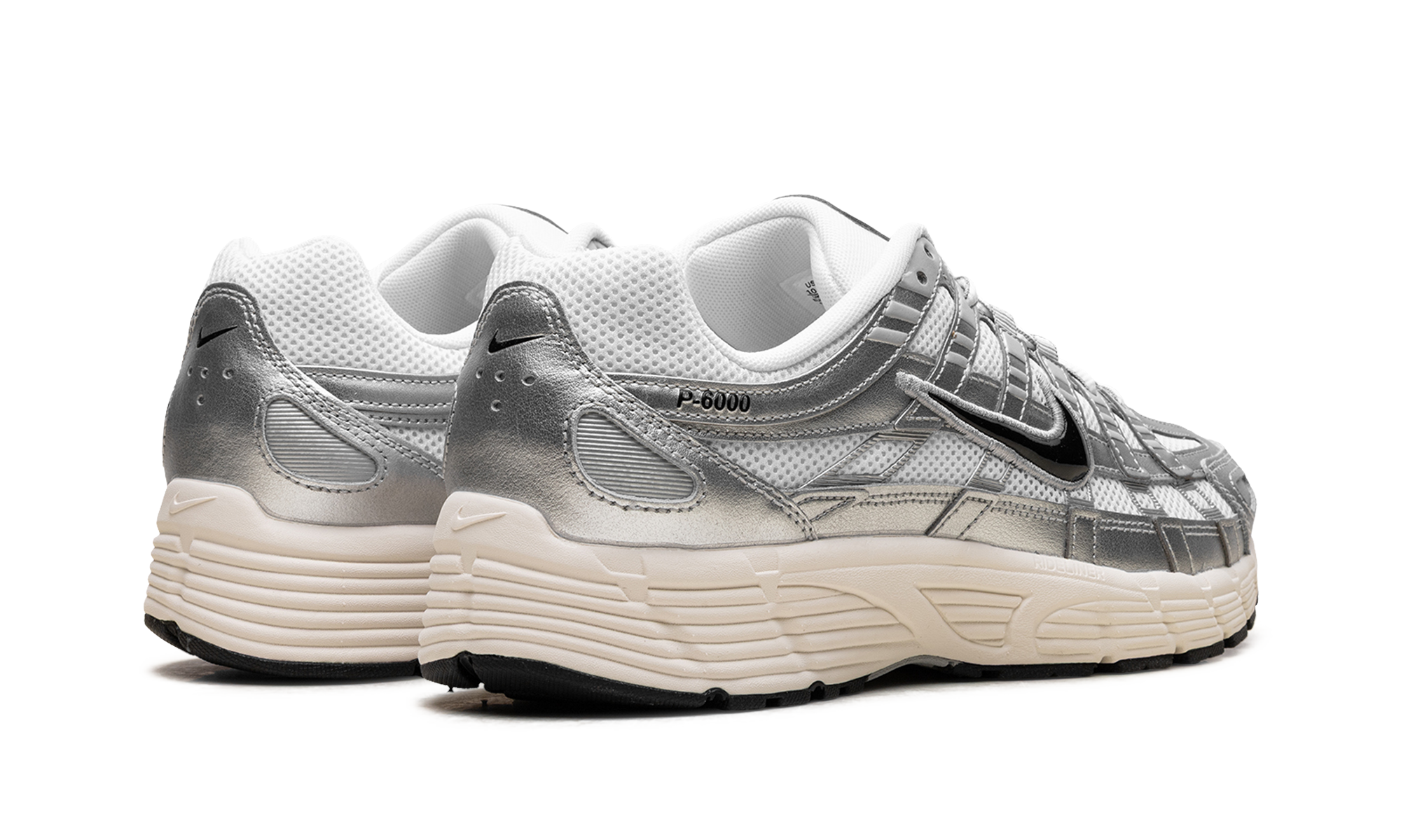 nike p 6000 white metallic silver flat silver black+CD6404-105+diagnol right behind view