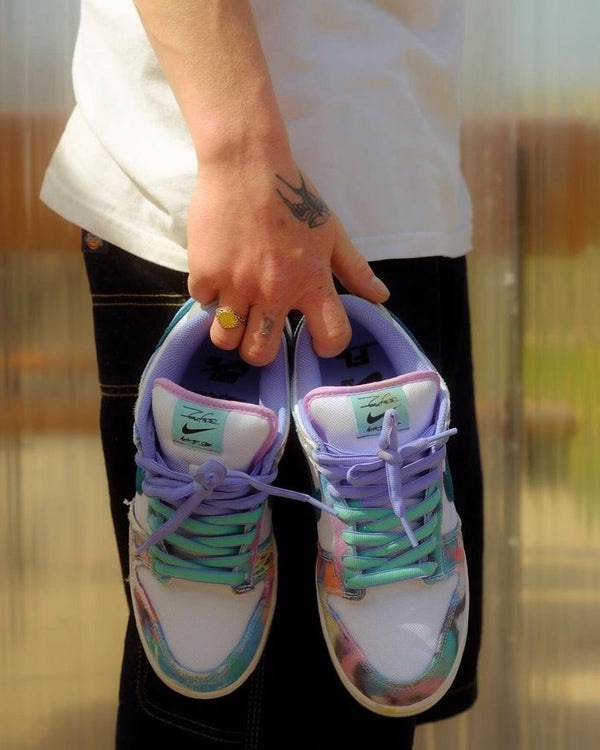 Nike SB Dunk Low Futura Laboratories Bleached Aqua, Lifestyle View 1, SKU HF6061-400