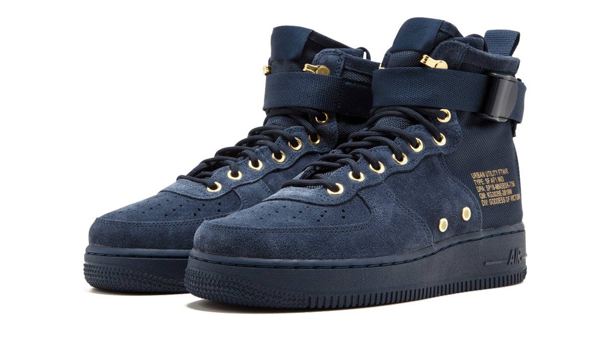 nike sf air force 1 mid obsidian metallic gold+917753-400+diagnol left view