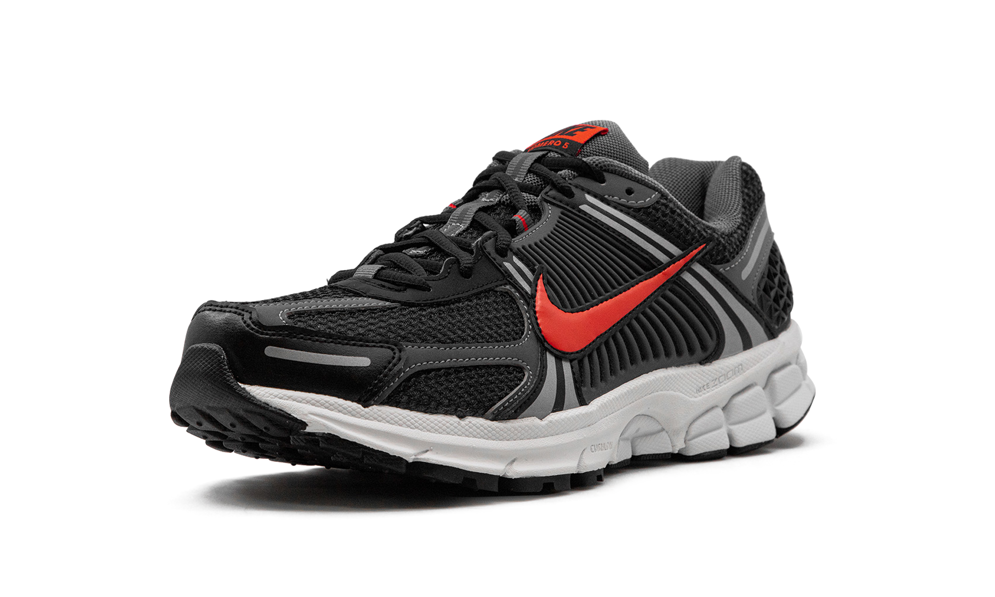 nike zoom vomero 5 black picante red+FB9149-001+left diagnol single view