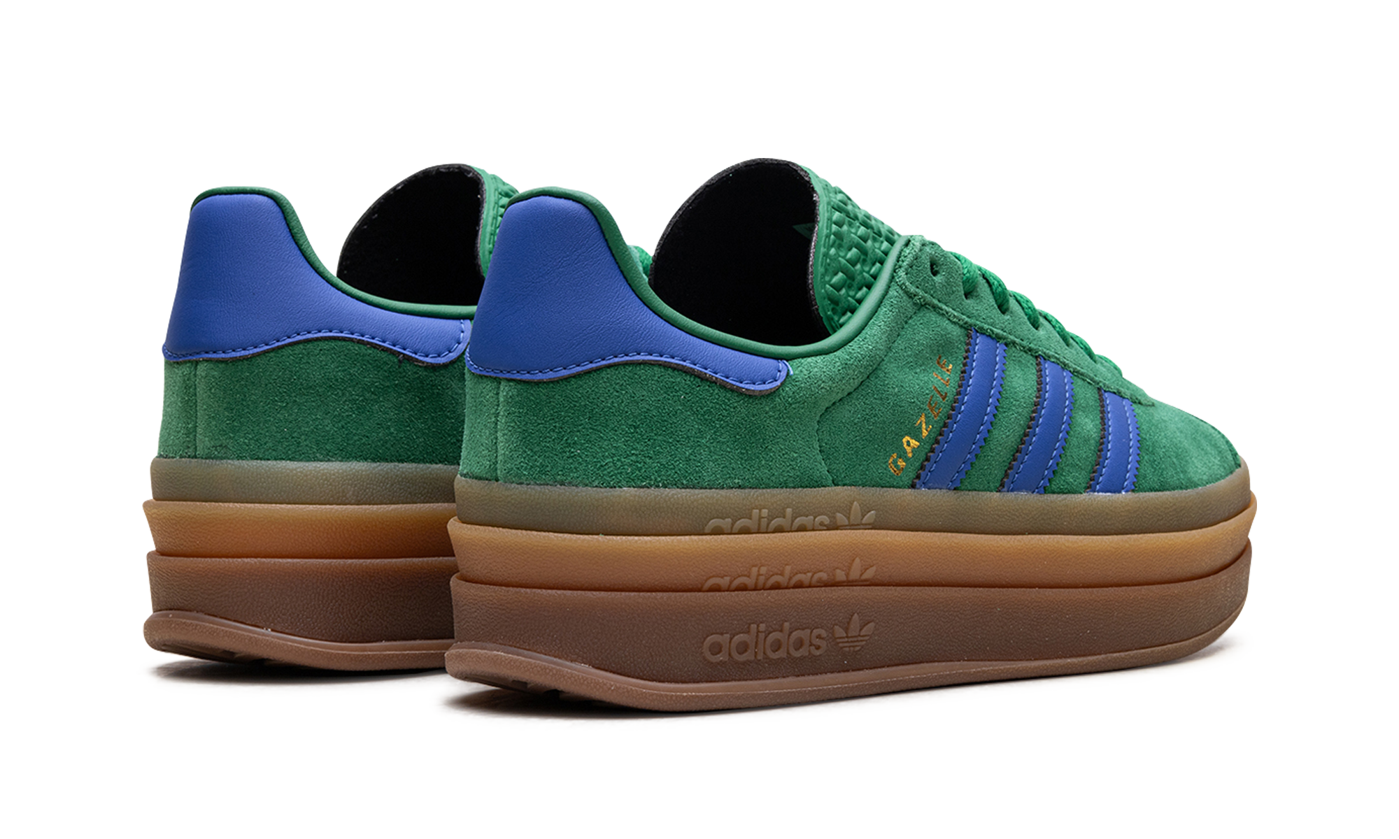 adidas gazelle bold green blue gum women s+IE1370+diagnol right behind view