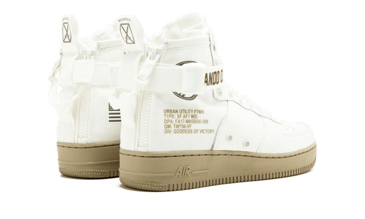 nike sf air force 1 mid ivory olive+917753-101+diagnol right behind view