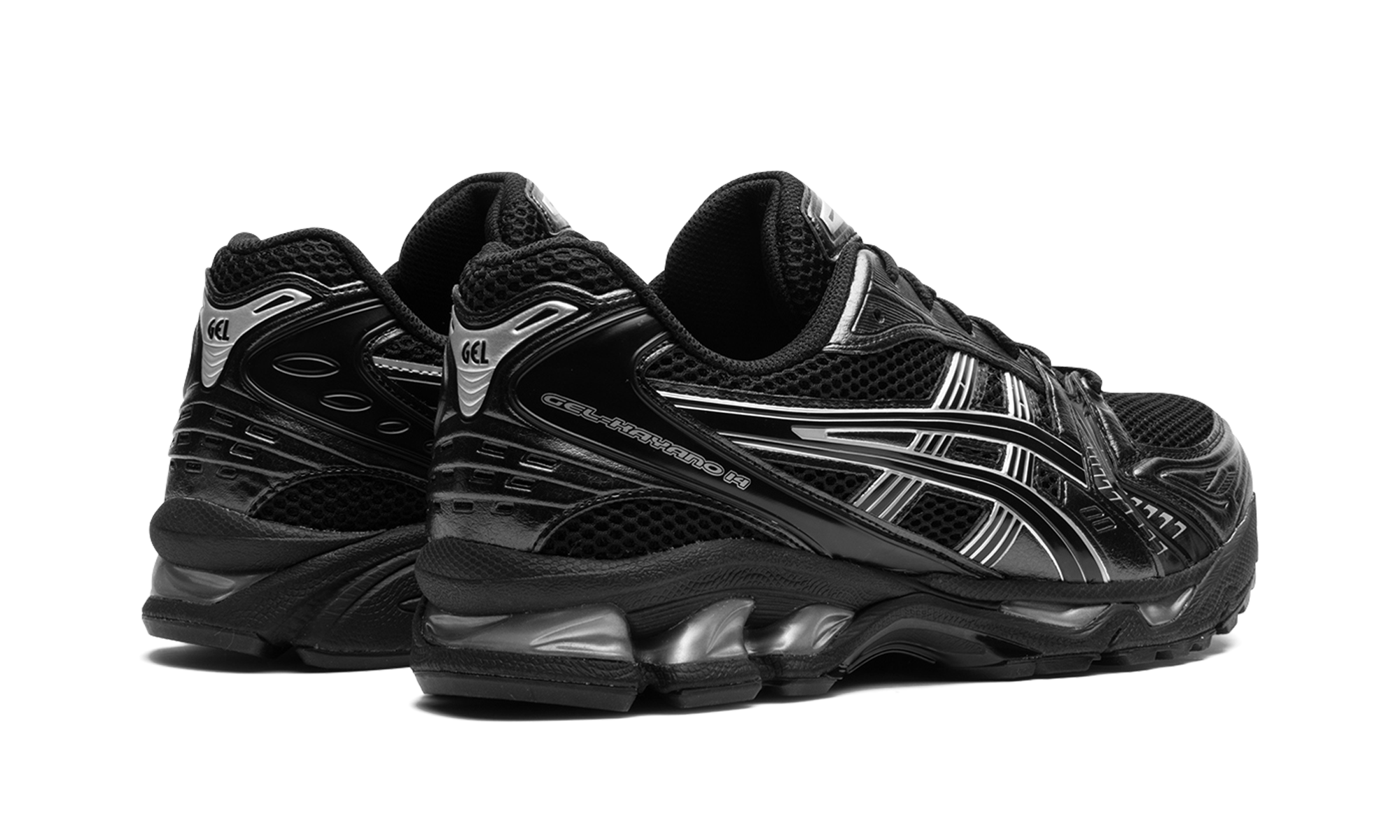 asics gel kayano 14 black pure silver+1201A019-006+diagnol right behind view