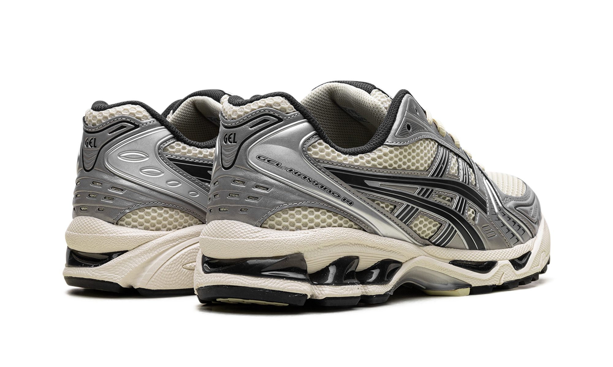 asics gel kayano 14 oyster white steeple grey+1203A537-250+diagnol right behind view