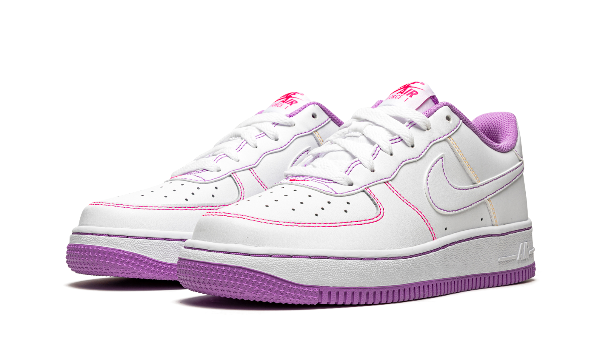 nike air force 1 low contrast stitch fuchsia glow gs+CW1575-110+diagnol left view