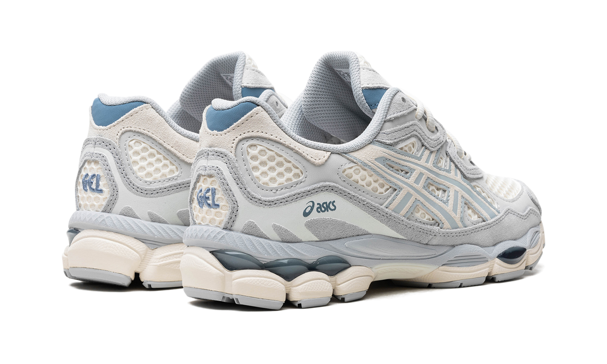 asics gel nyc ivory mid grey+1203A372-600+diagnol right behind view