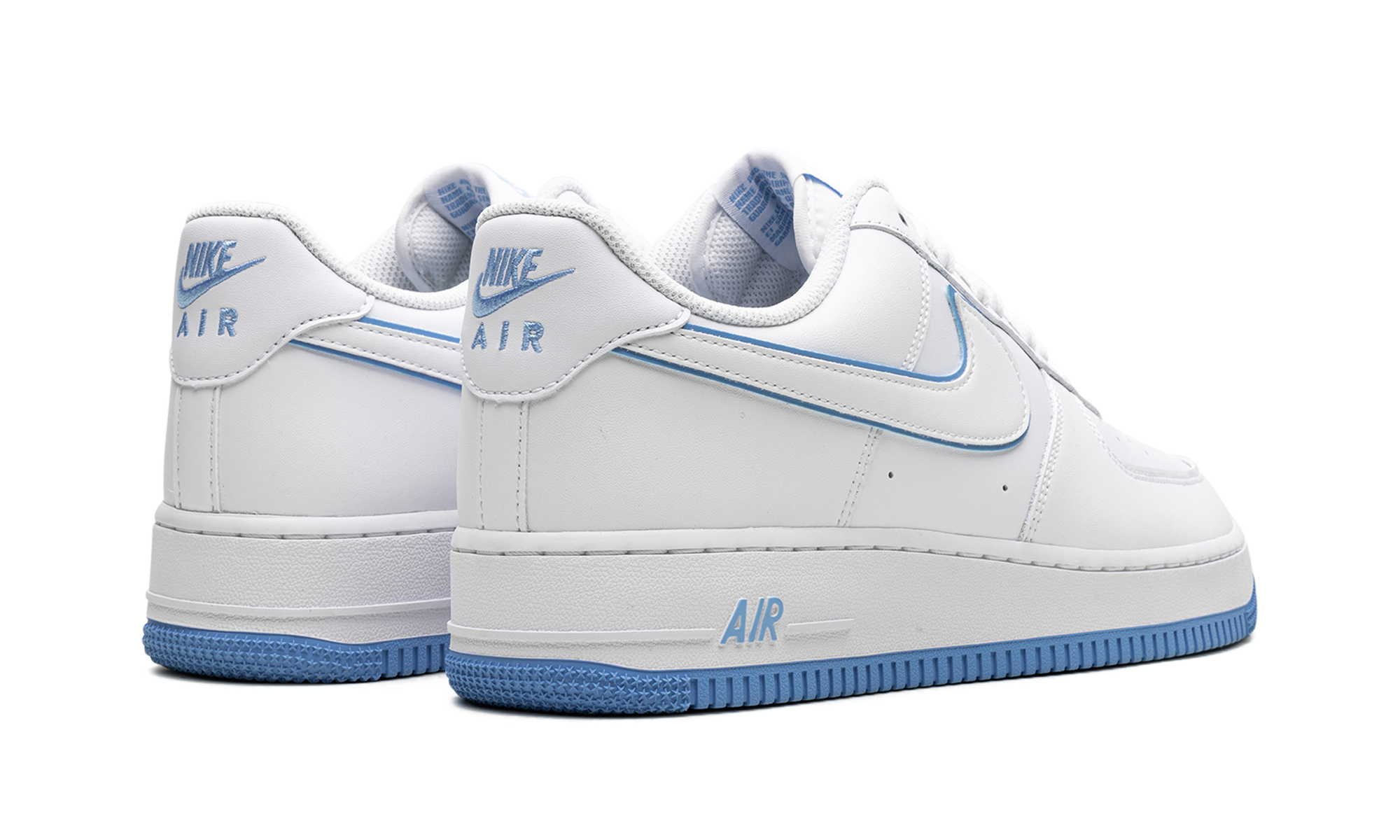 nike air force 1 07 low white university blue sole+DV0788-101+diagnol right behind view