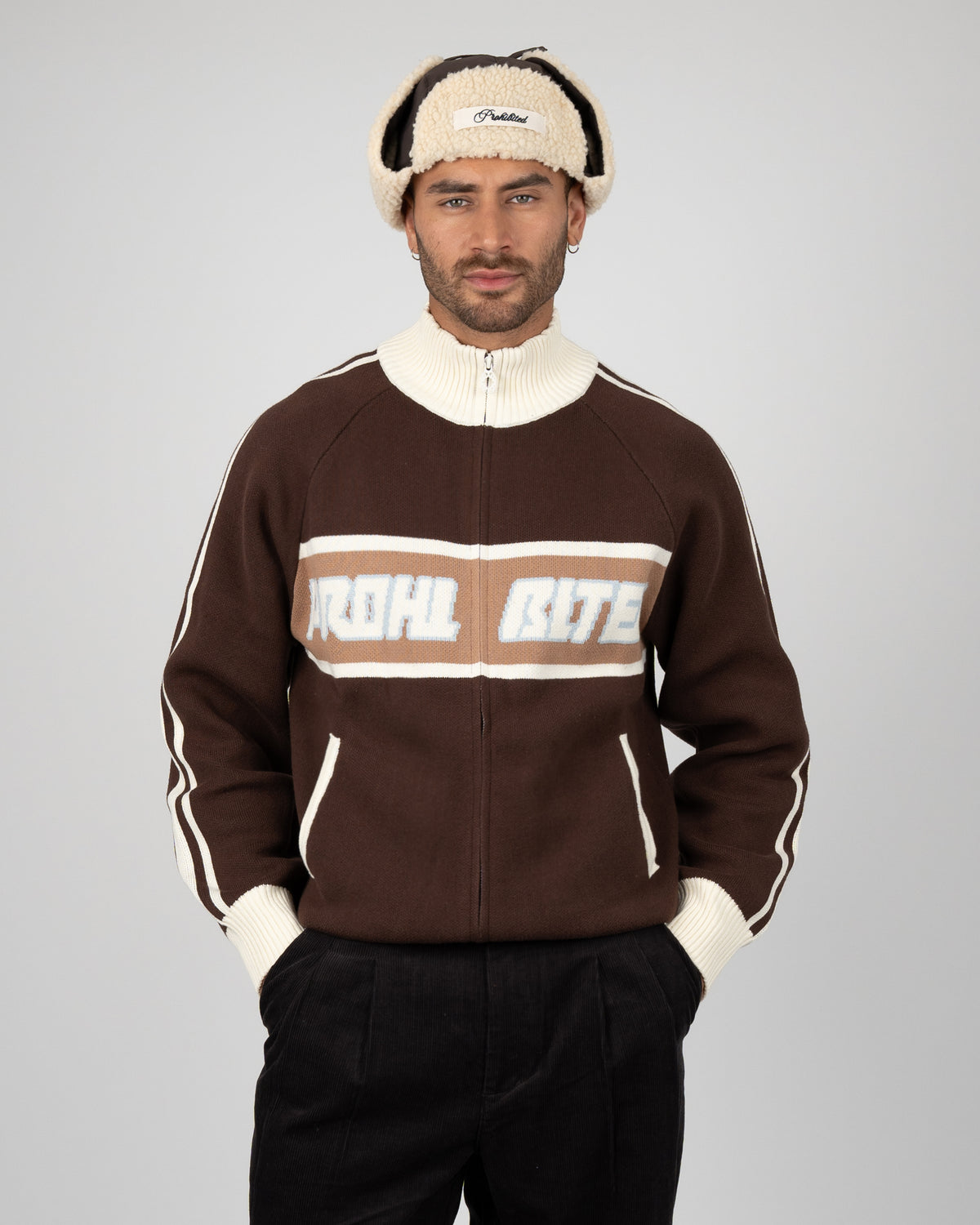 Prohibited Letterman Knit Jacket Brown