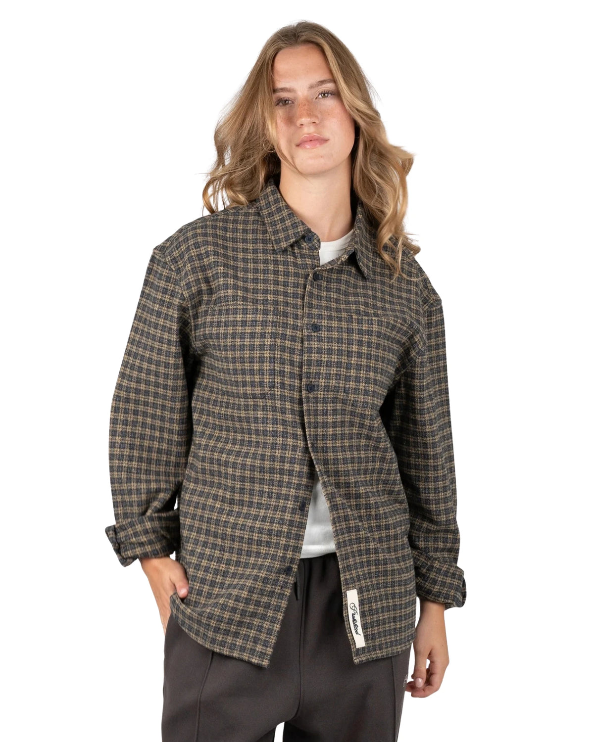 Prohibited Checkered Flannel Shirt in geel, close-up gedragen door model