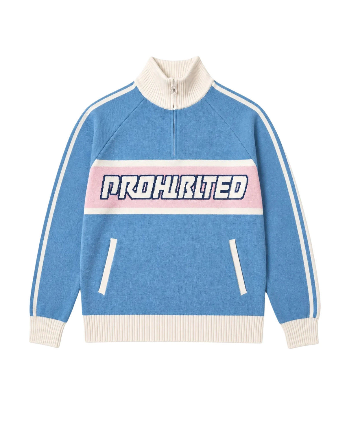 Prohibited Letterman Knitted Quarter Zip in lichtblauw, productfoto voorkant