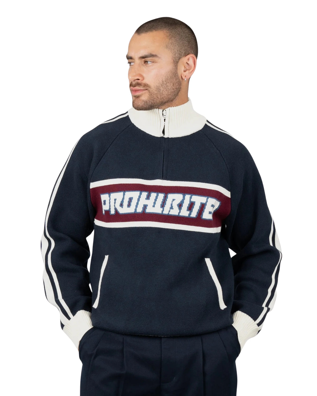 Prohibited Letterman Knitted Quarter Zip in marineblauw, gedragen door model