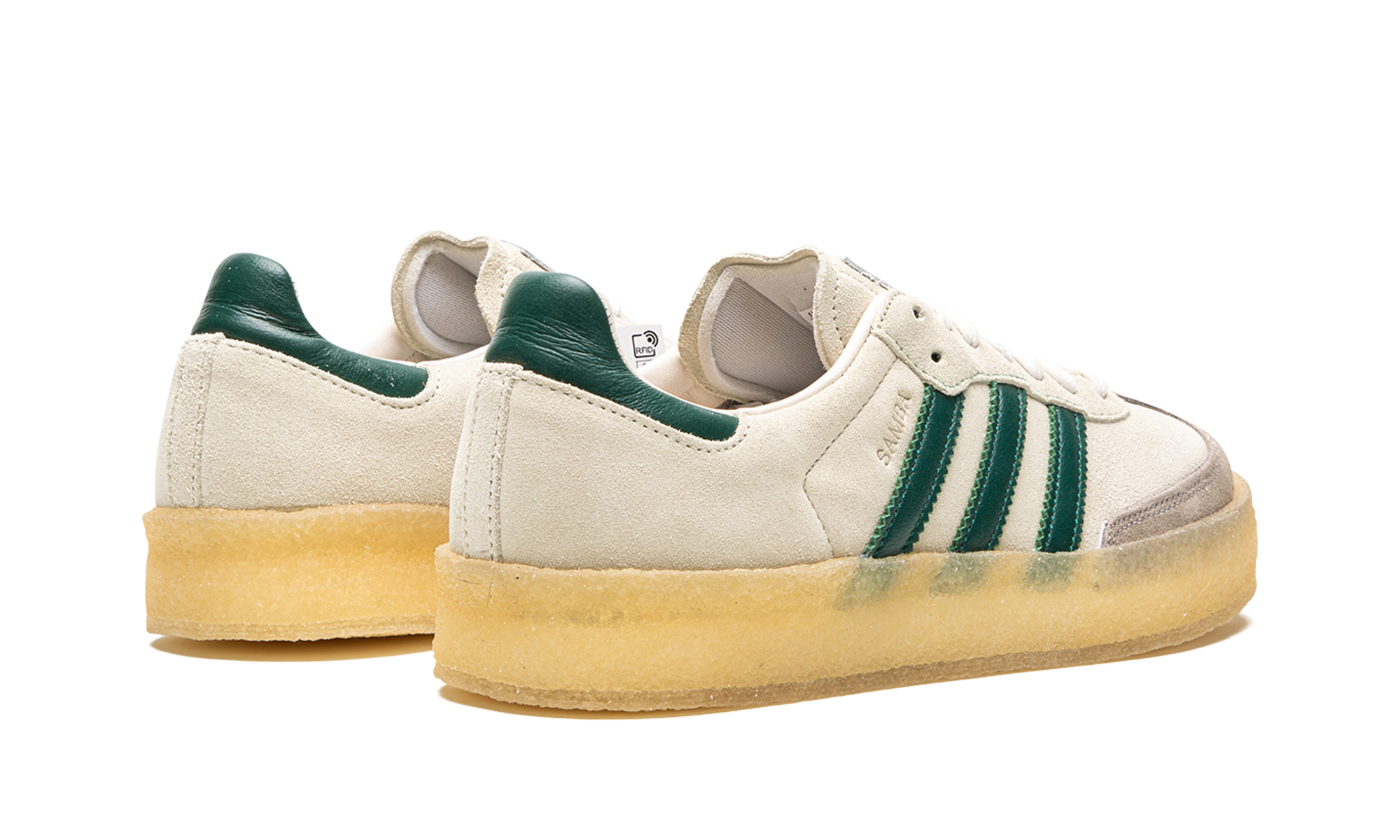adidas clarks 8th street samba by ronnie fieg chalk white green+ID7297+diagnol right behind view