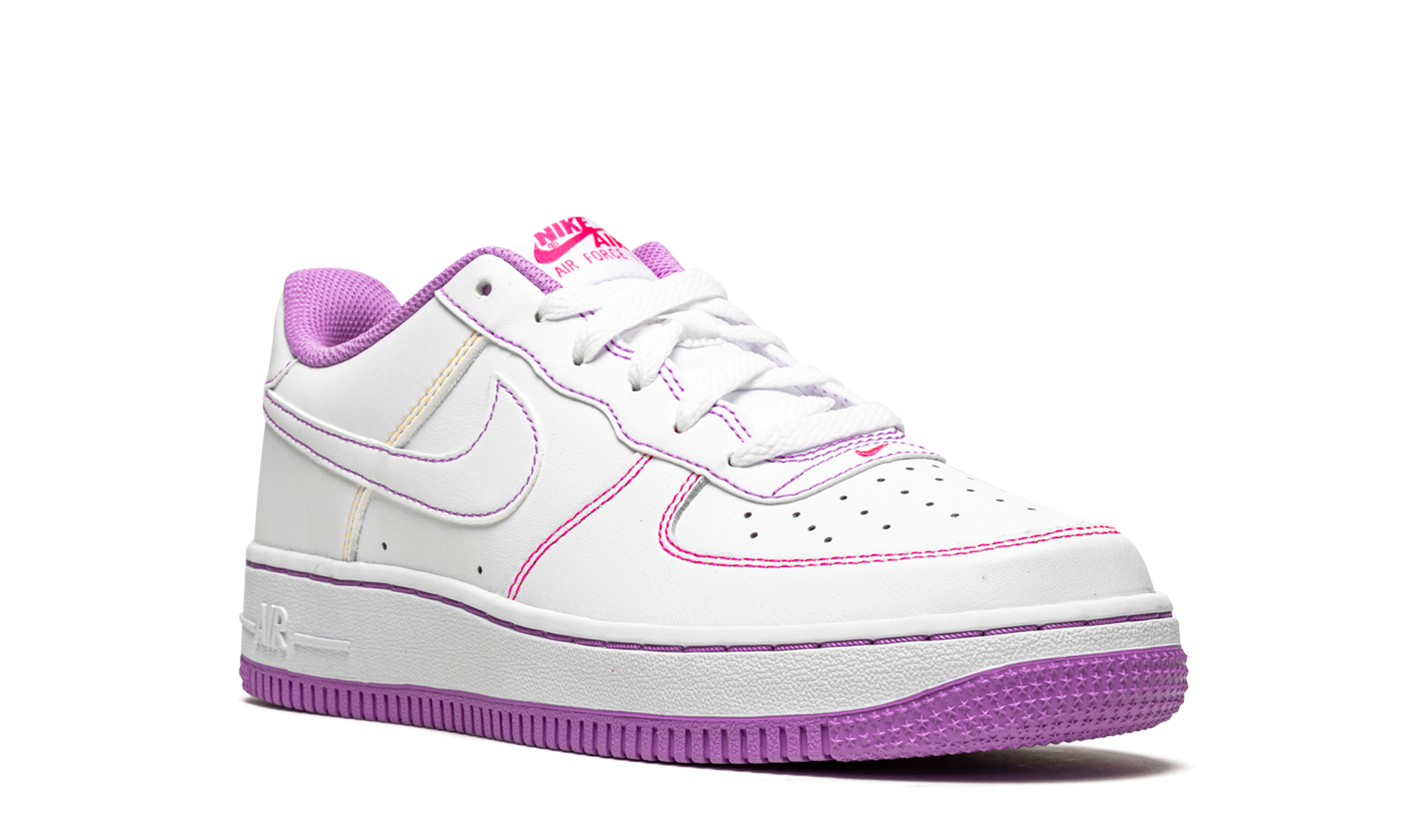 nike air force 1 low contrast stitch fuchsia glow gs+CW1575-110+diagnol right view