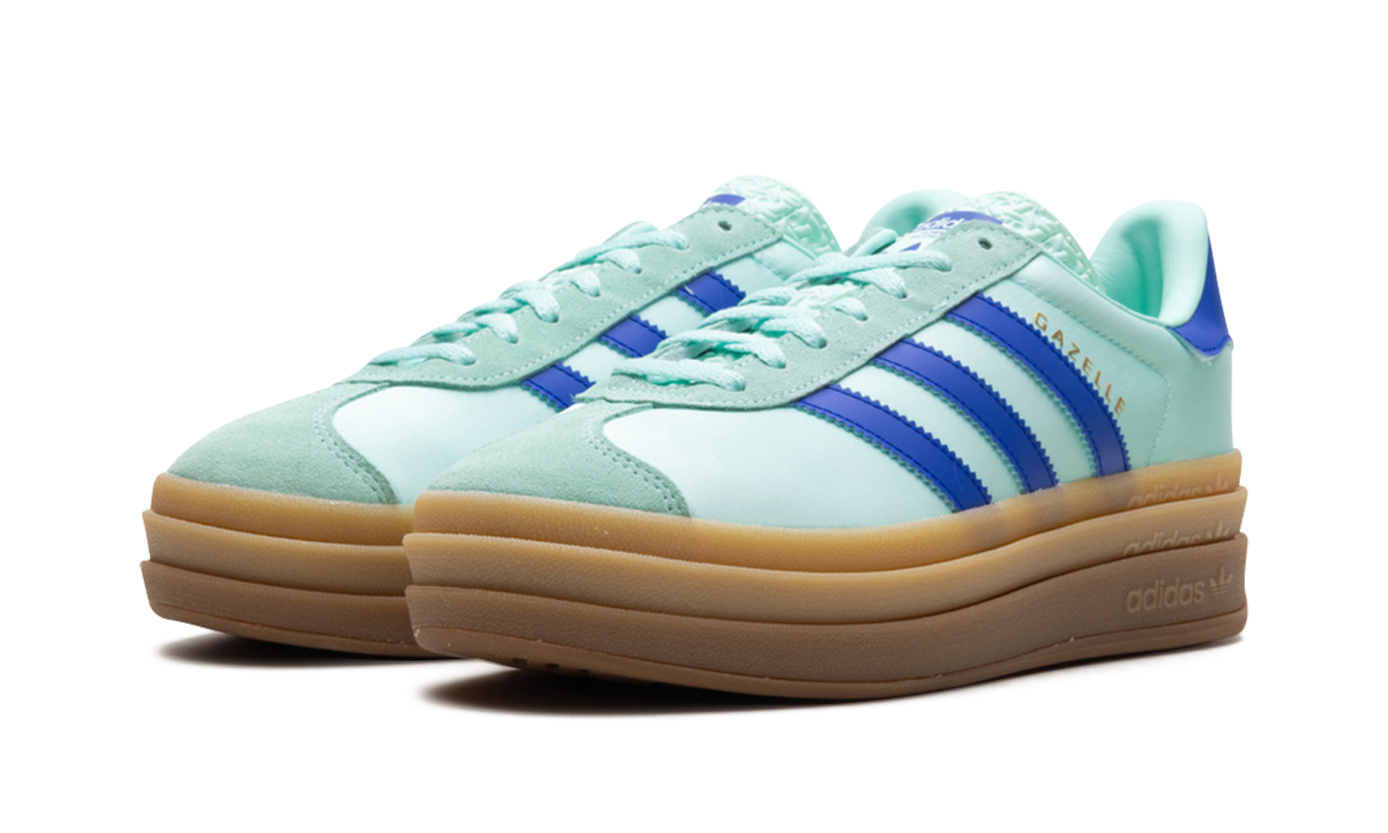 adidas gazelle bold clear mint lucid blue gold metallic women s+JI2702+diagnol left view